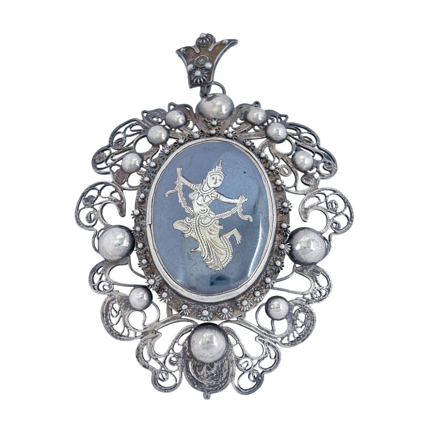 Vintage Siam Sterling Silver 925 Black Enamel Dancer Pendant