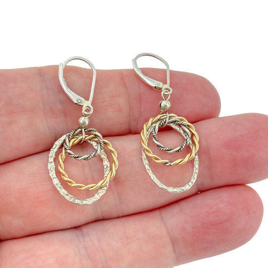 Vintage Sterling Silver 925 Two Tone Hoop Dangle Earrings