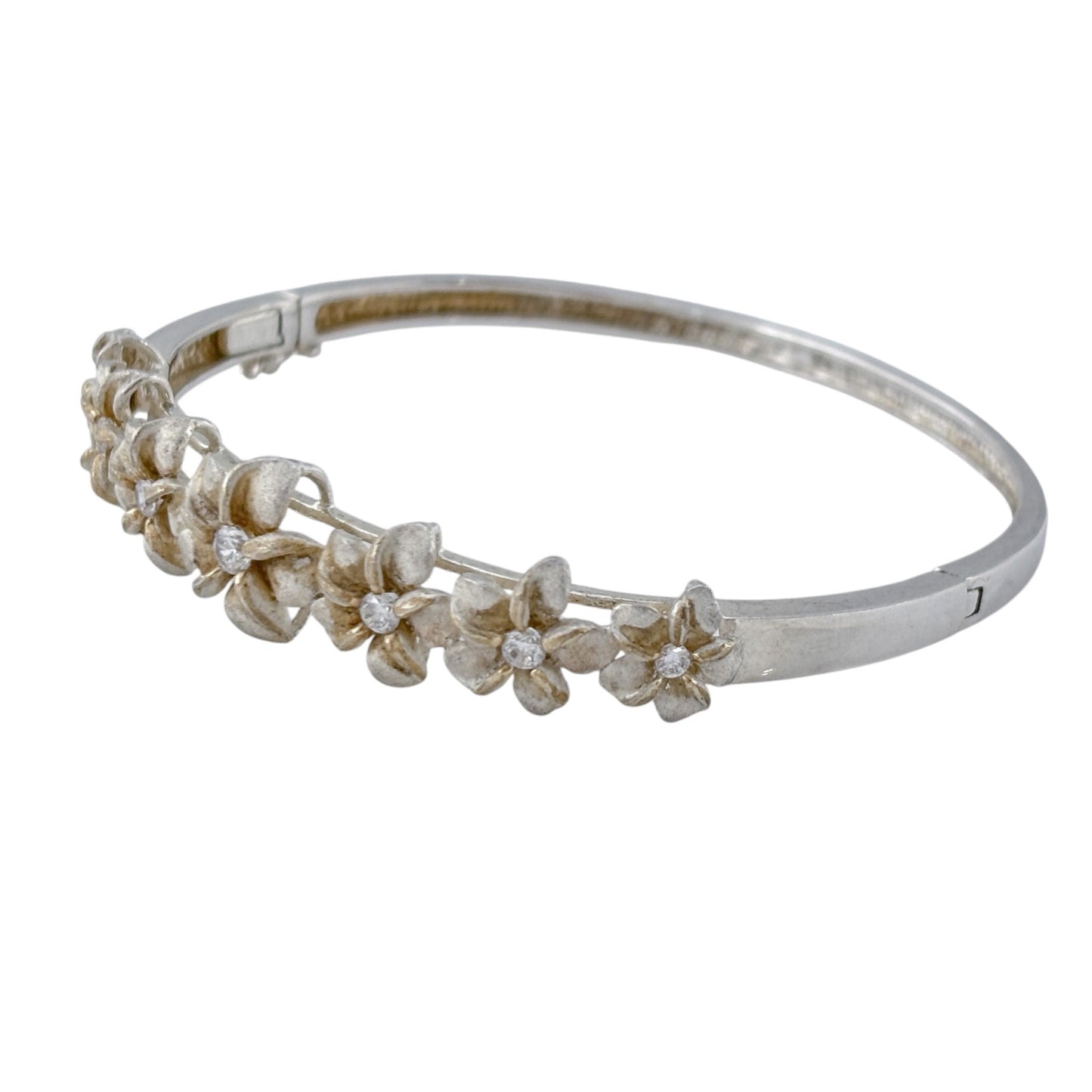 Vintage Sterling Silver 925 Cubic Zirconia Plumeria Bangle 6.75"