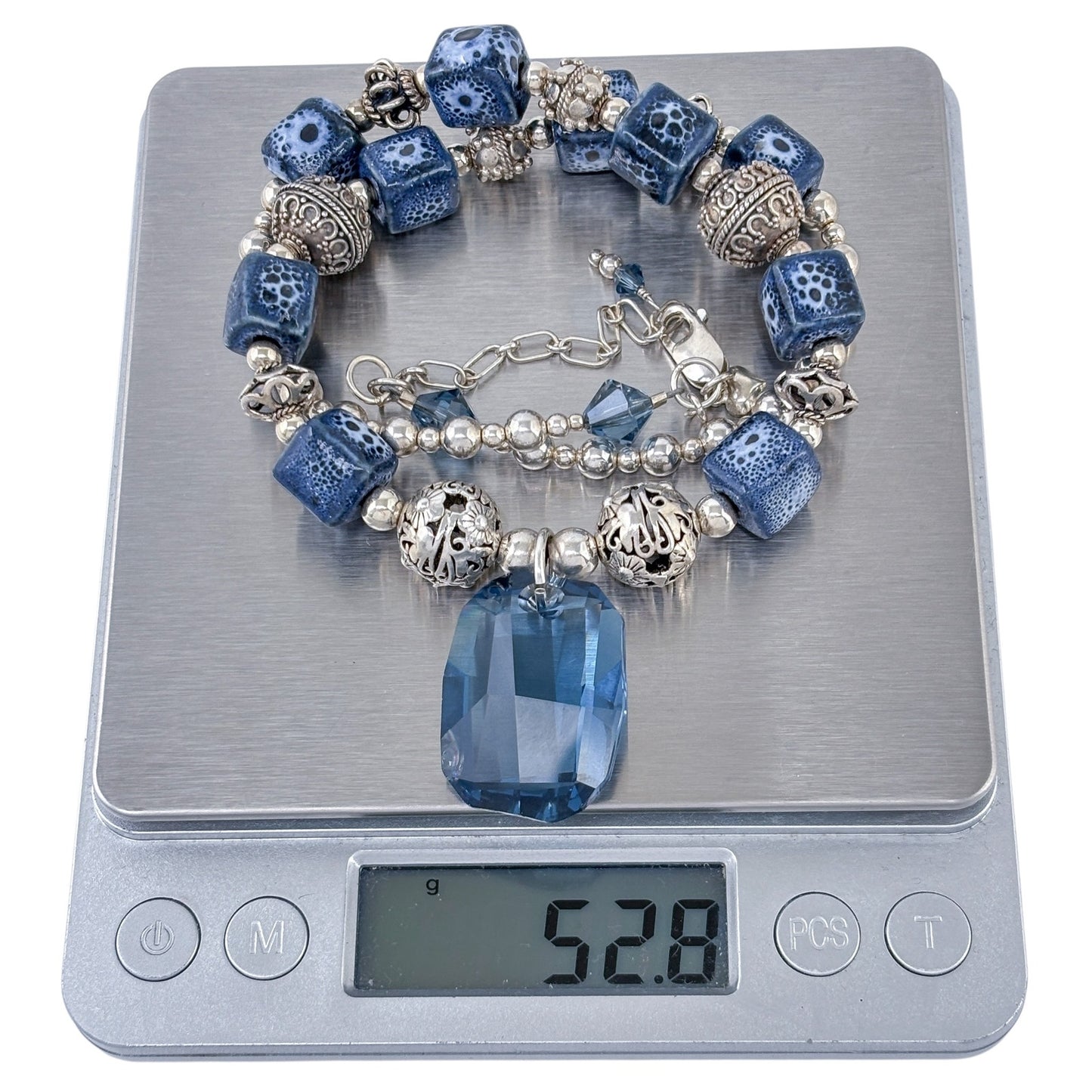 Estate Sterling Silver 925 Porcelain Blue Swarovski Necklace 17.5"-19.5"