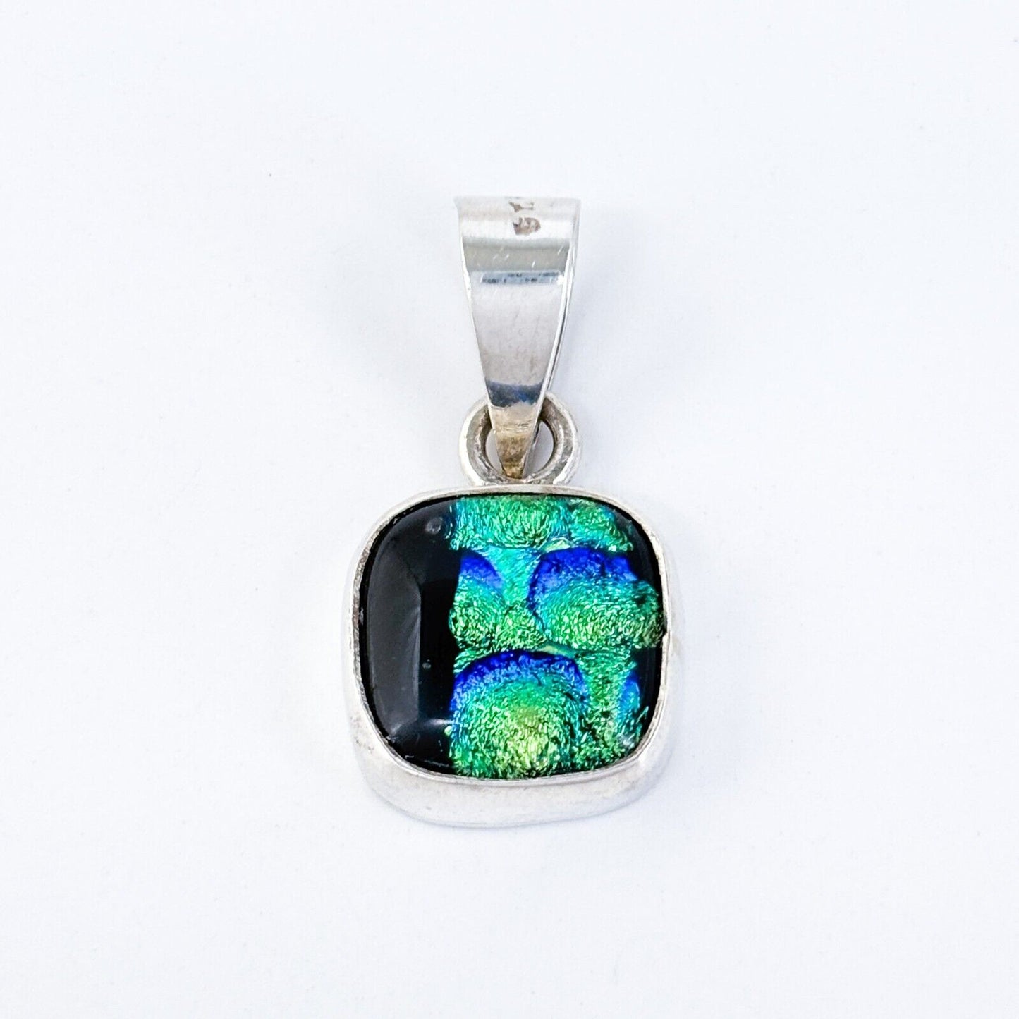 Vintage Artisan Sterling Silver 925 Blue Green Dichroic Glass Pendant