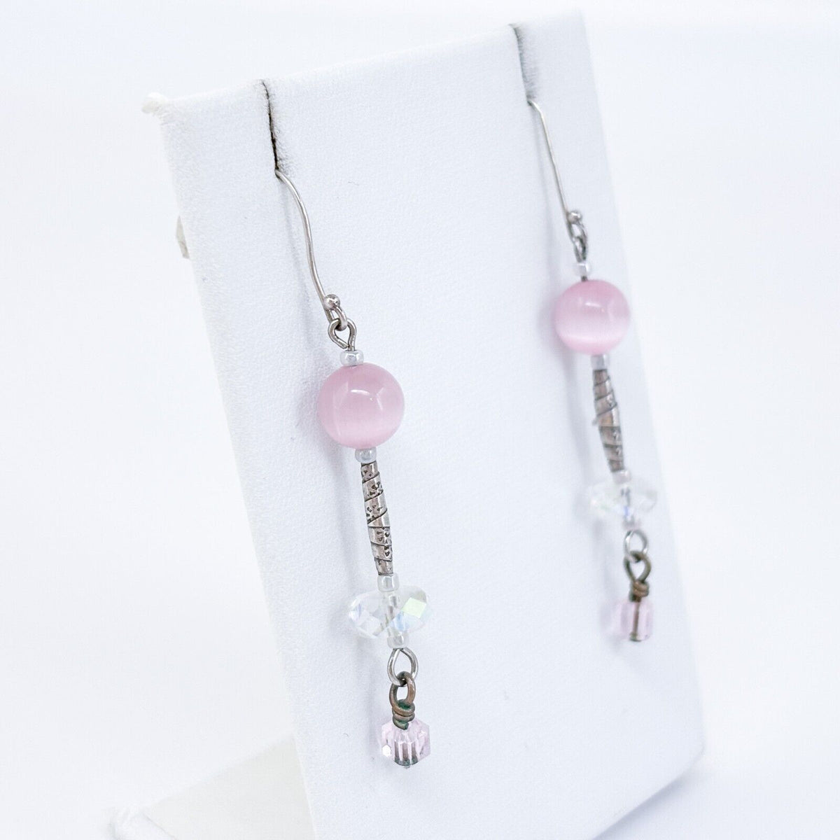 Vintage Silver-Tone Pink Beaded Dangle Earrings