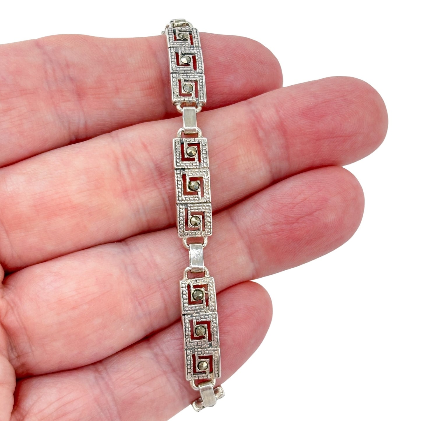 Estate Sterling Silver 925 Marcasite Greek Key Bracelet 7.5"