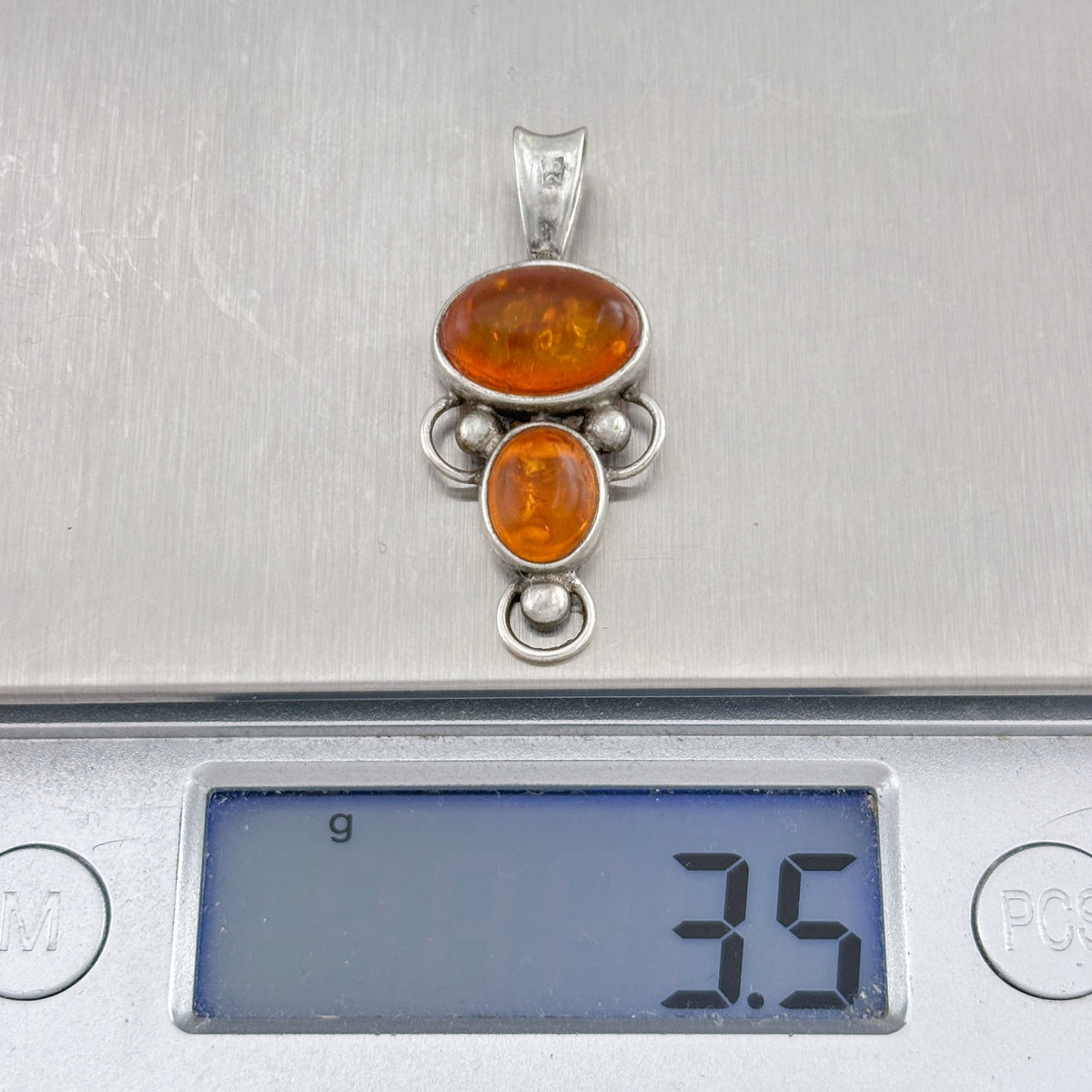 Vintage Sterling Silver 925 Double Amber Cabochon Pendant
