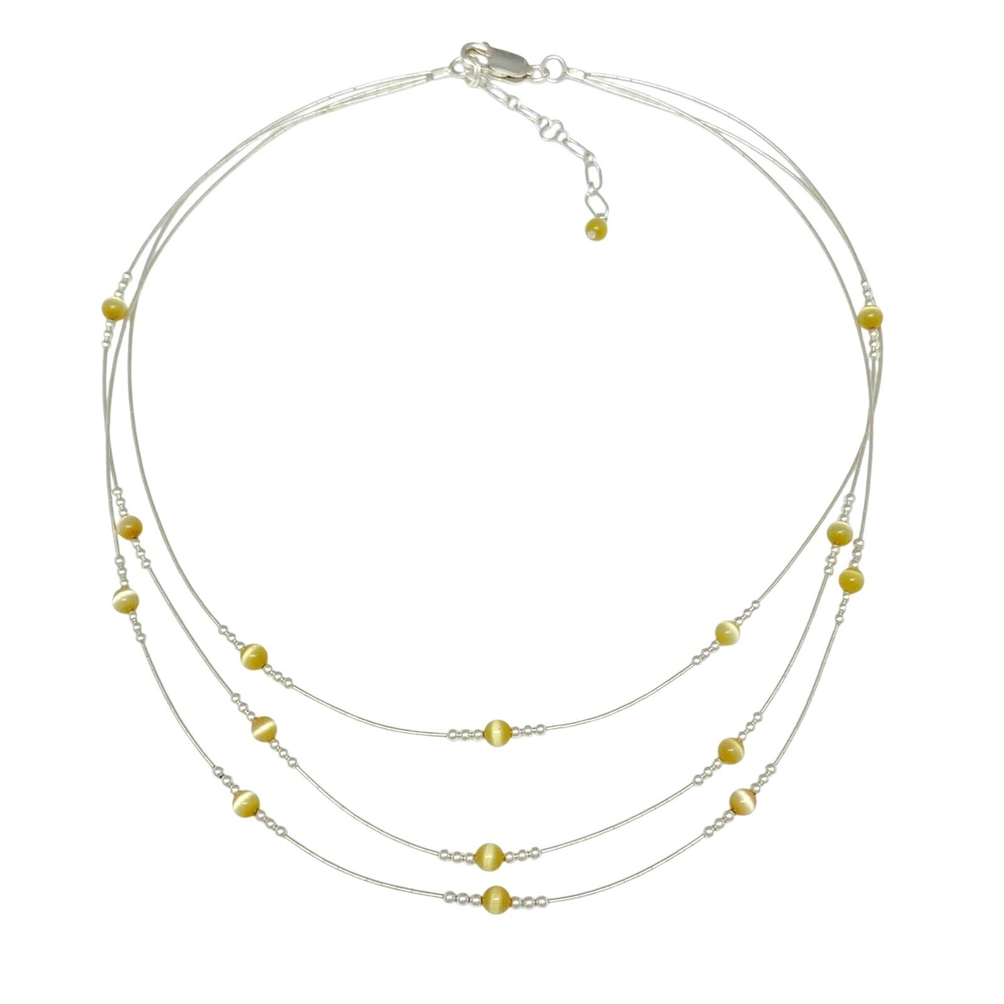 Vintage Sterling Silver 925 Yellow Cat’s Eye Necklace 15.5-17.5"