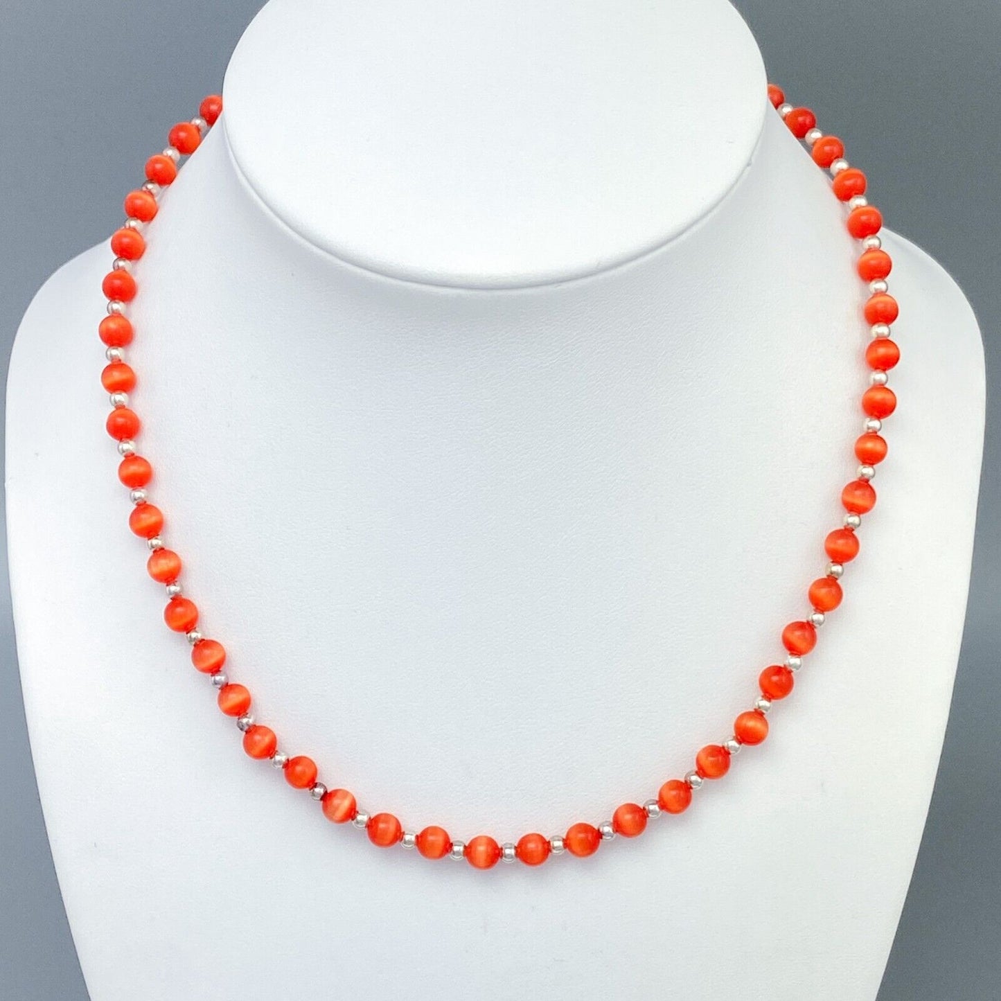 Vintage Sterling Silver 925 Orange Cat’s Eye Necklace 16-17.75"