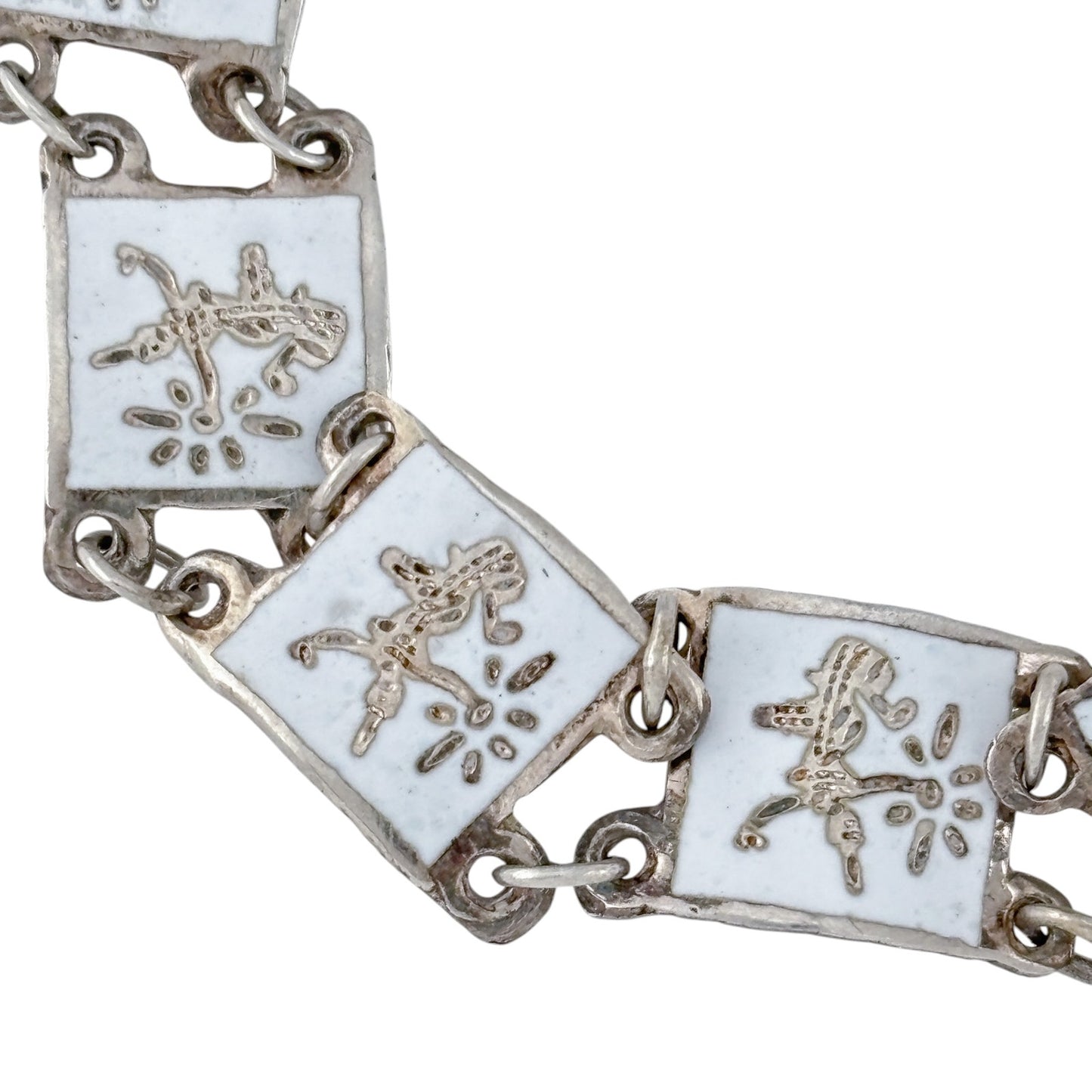 Vintage Sterling Silver 925 White Niello Siam Dancer Link Bracelet 7.25"