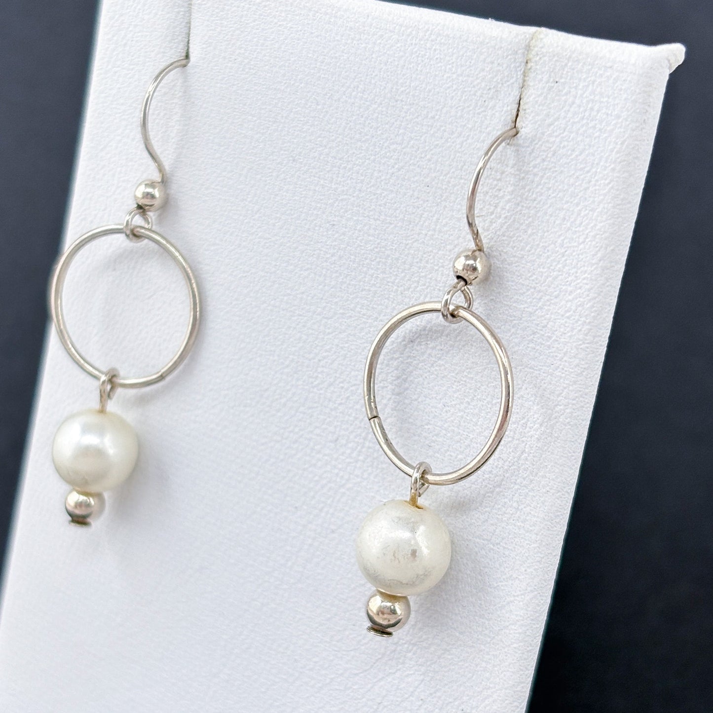 Estate Sterling Silver 925 White Pearl Hoop Earrings