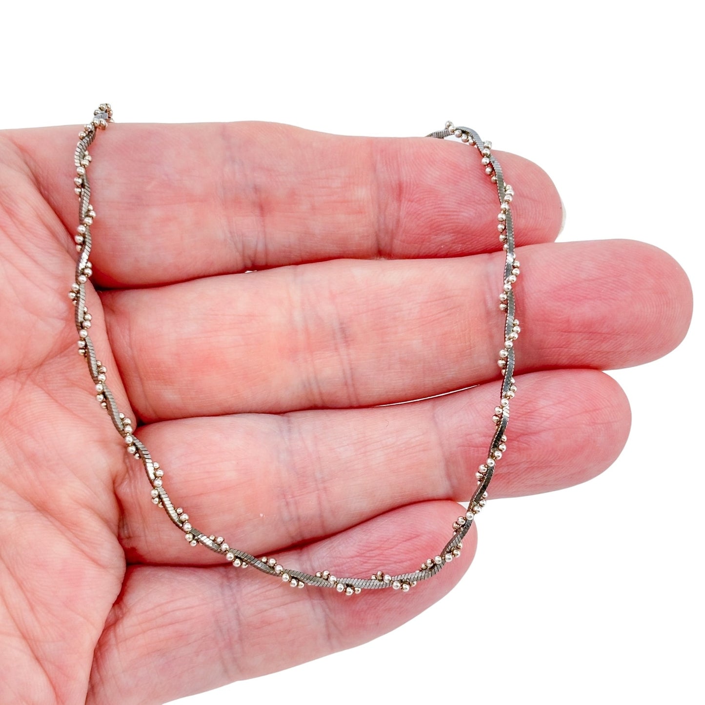 Vintage Italian Sterling Silver 925 Twisted Ball Bead Box Chain Necklace 16"