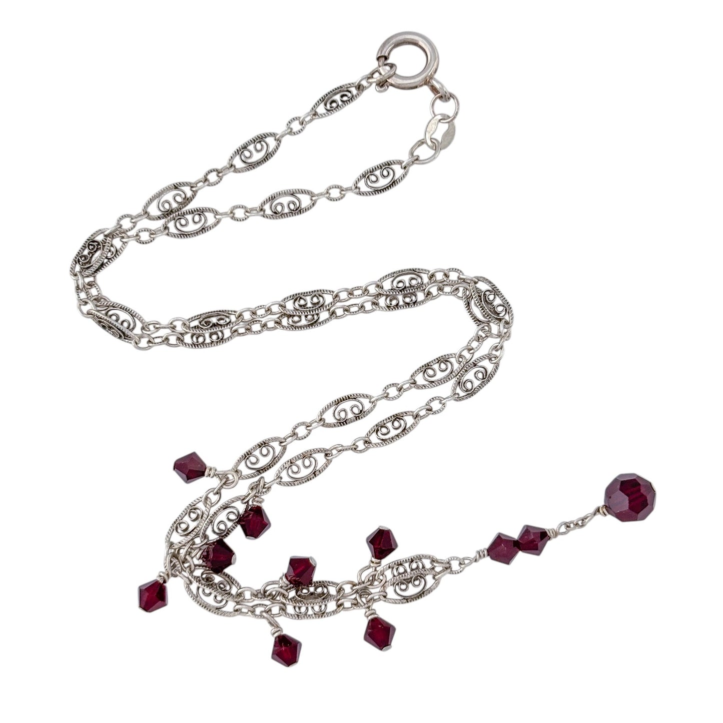 Vintage Sterling Silver 925 Red Crystal Drop Necklace 16.5"