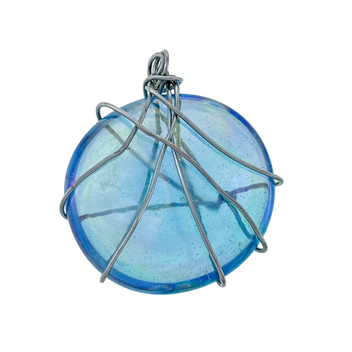 Vintage Silver-Tone Wire Wrapped Iridescent Blue Cabochon Pendant