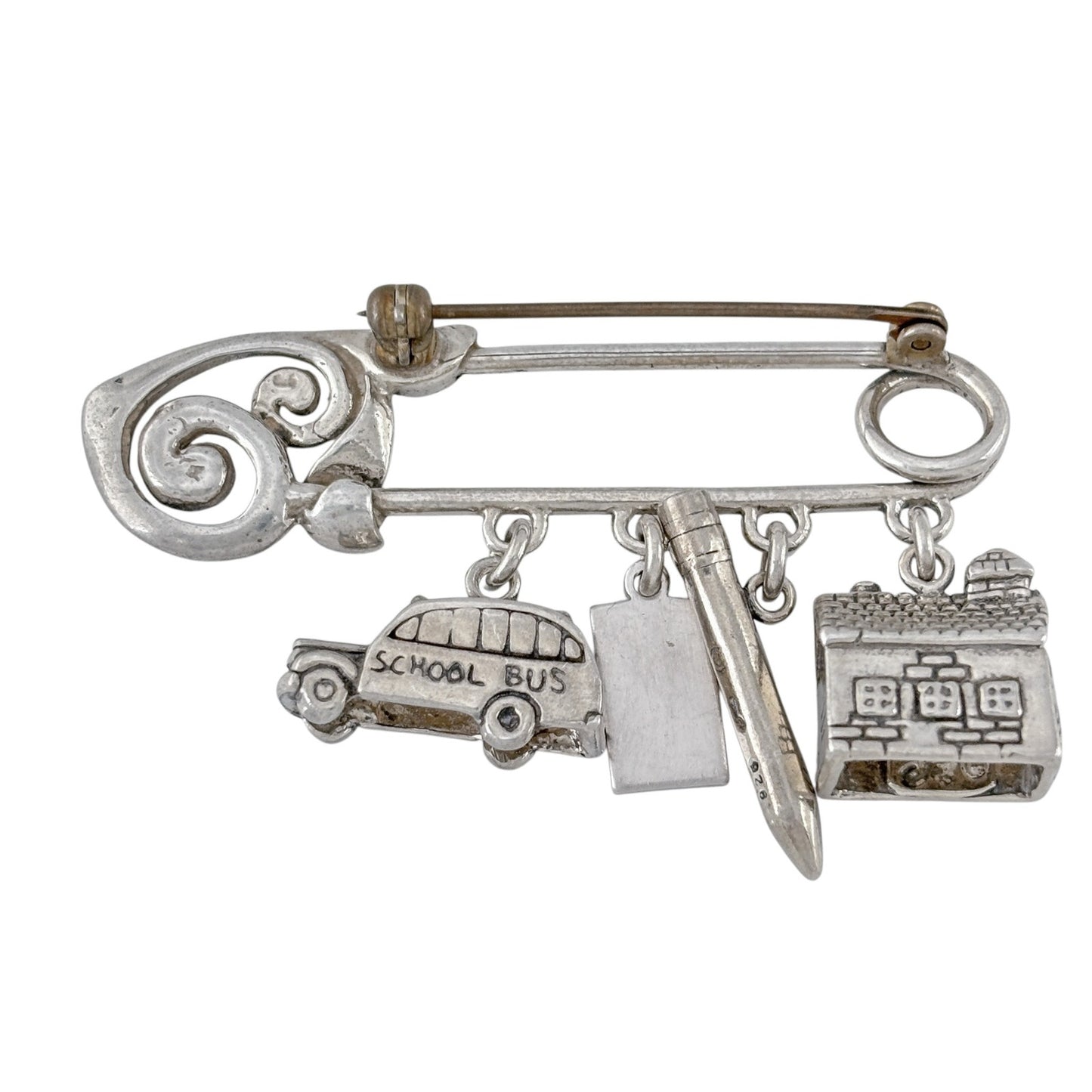 Vintage Sterling Silver 925 First Day School Charm Safety Pin Brooch