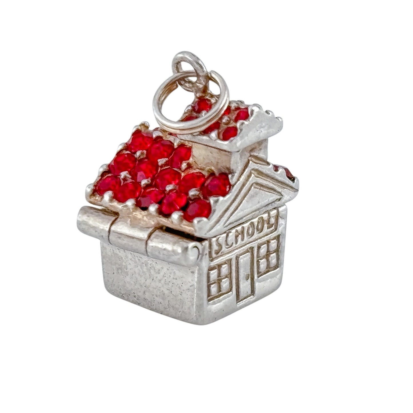 Vintage Jezlaine Sterling Silver 925 Red Crystal Schoolhouse Charm