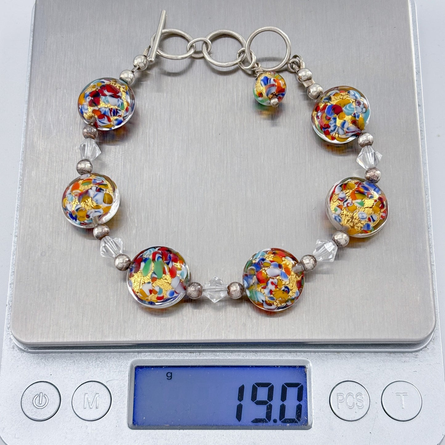 Vintage Sterling Silver 925 Murano Glass Bead Bracelet 7.5-8.5"