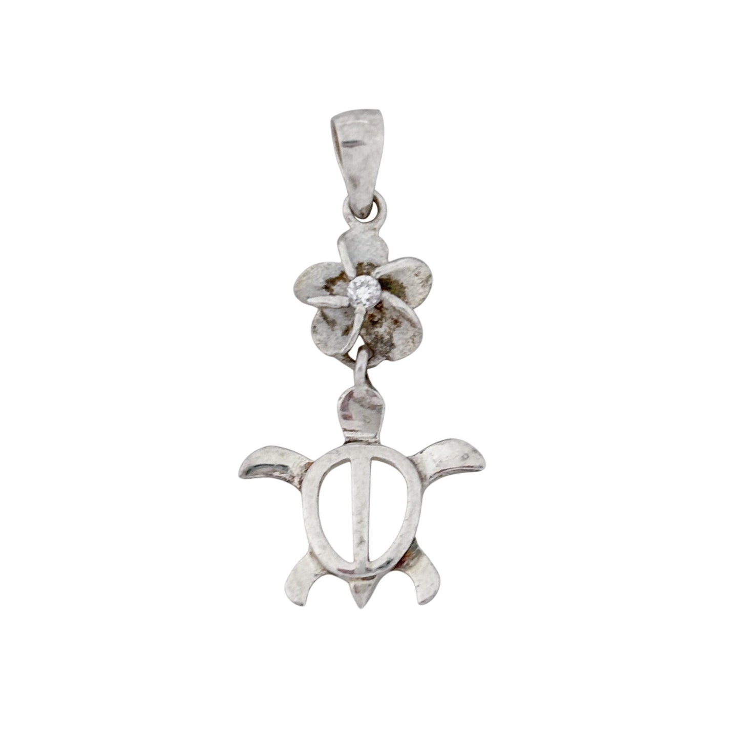 Vintage Sterling Silver 925 Cubic Zirconia Sea Turtle Plumeria Pendant