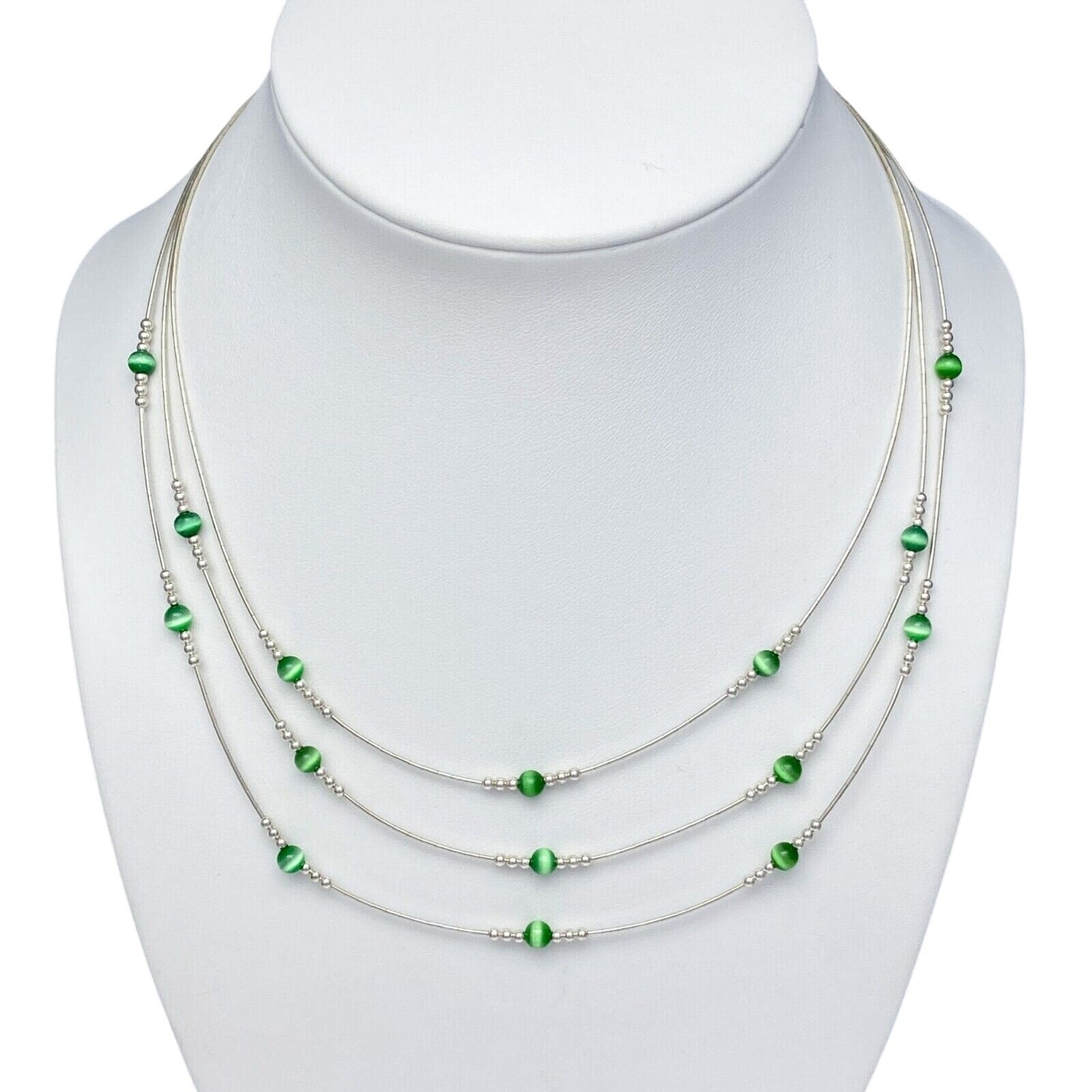 Vintage Sterling Silver 925 Triple Strand Green Cat's Eye Necklace 16”-19”