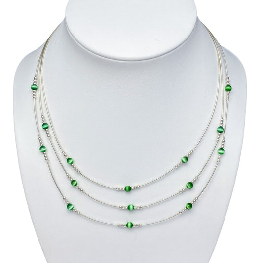 Vintage Sterling Silver 925 Triple Strand Green Cat's Eye Necklace 16”-19”