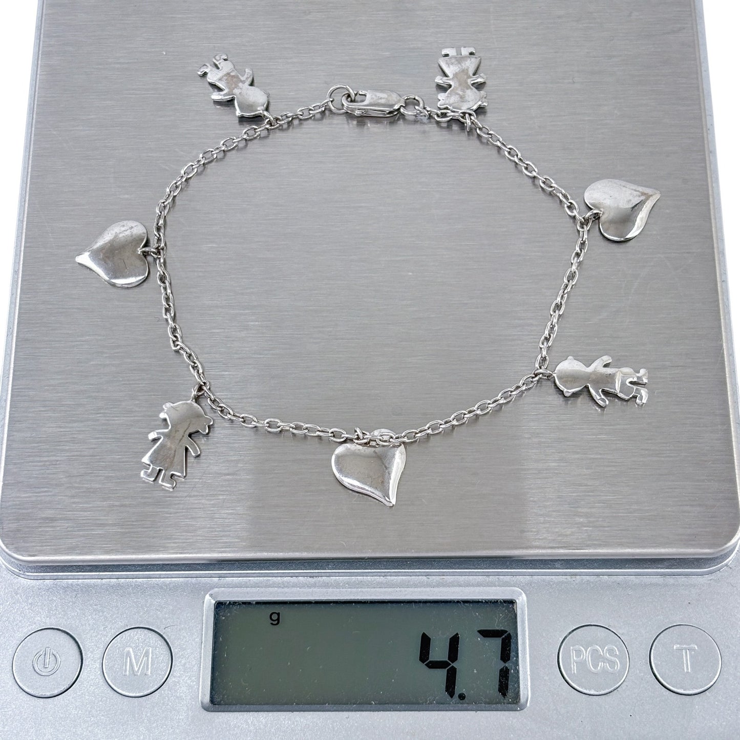 Vintage Sterling Silver 925 Family Heart Charm Bracelet 7.25"