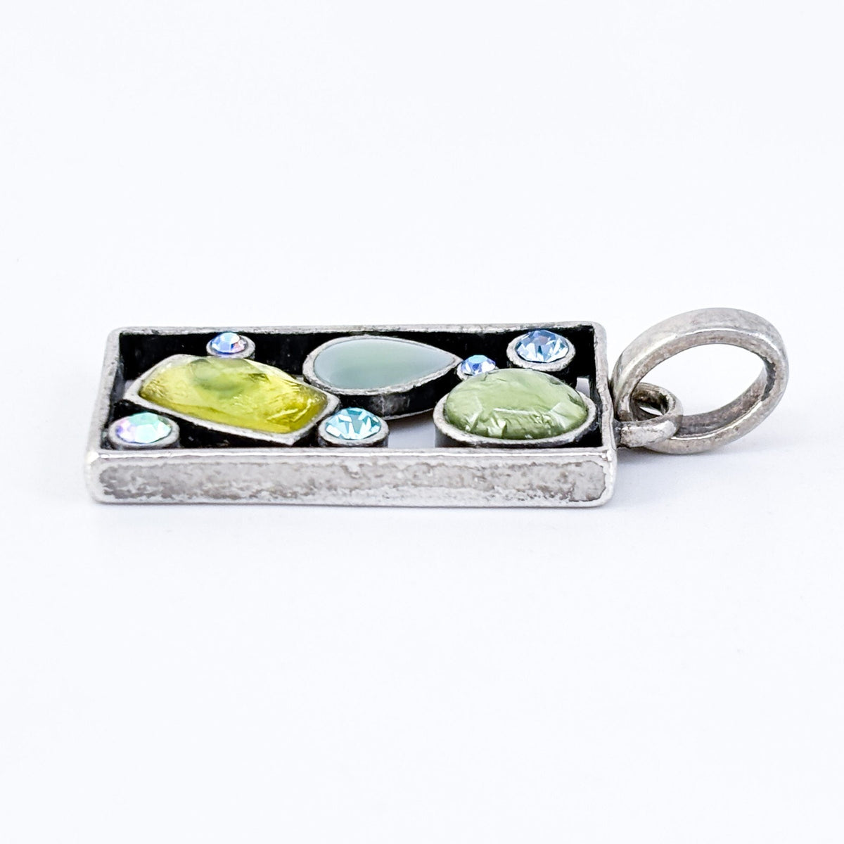 Vintage Silver Plate Blue Green Glass Crystal Rhinestone Modernist Pendant