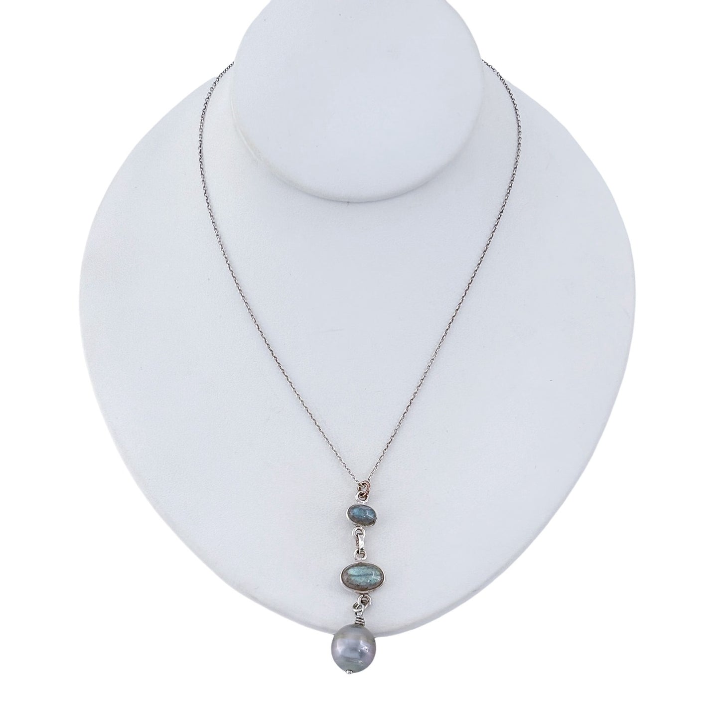 Vintage Sterling Silver 925 Labradorite Pearl Pendant Necklace 18"