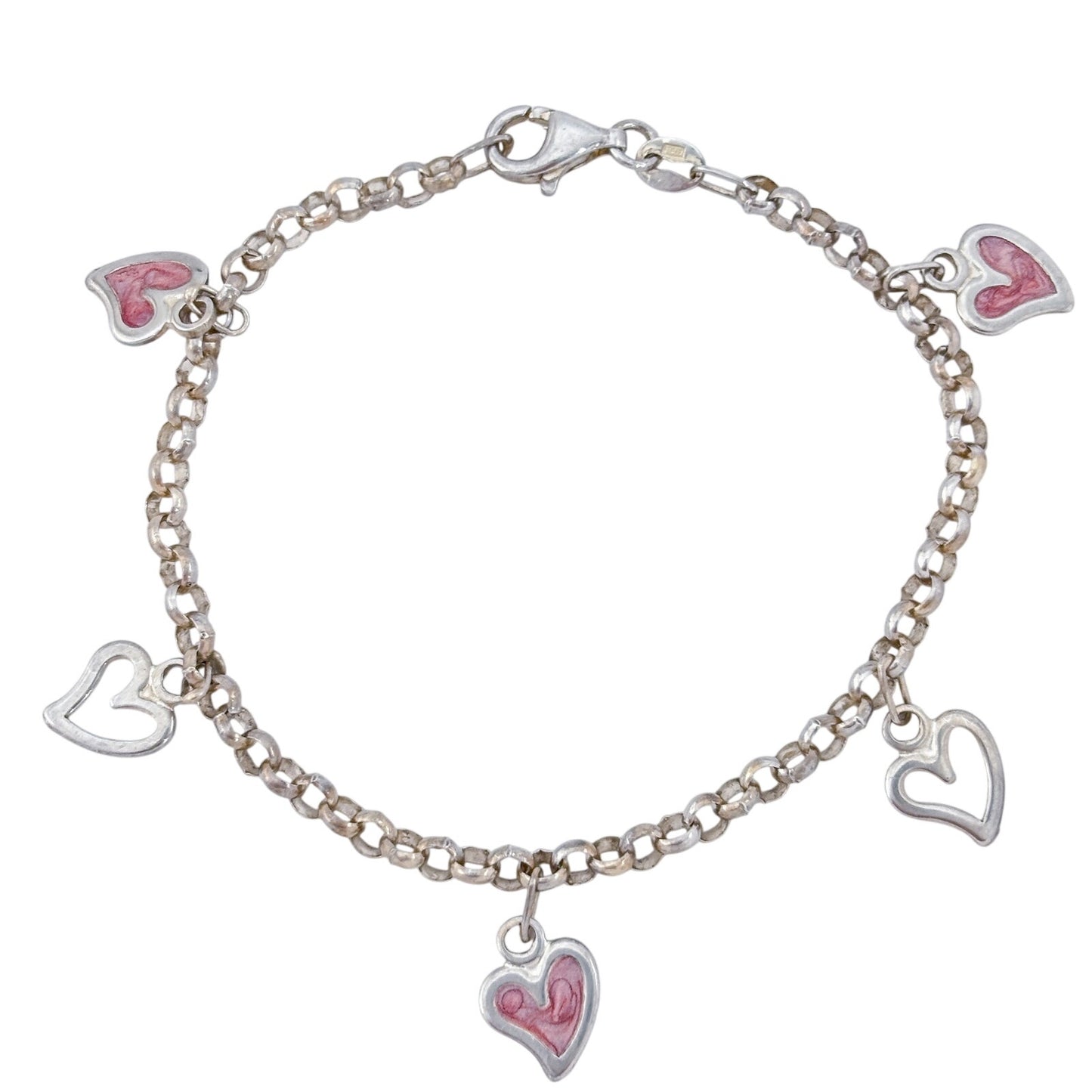 Vintage Sterling Silver 925 Pink Heart Charm Bracelet 7"