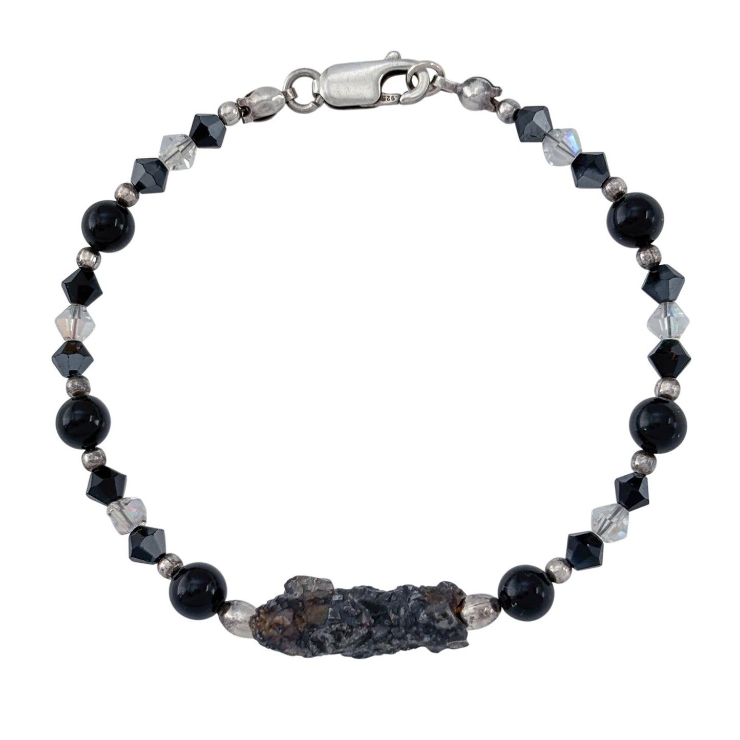 Vintage Sterling Silver 925 Onyx Crystal Black Bead Raw Stone Bracelet 6.5"
