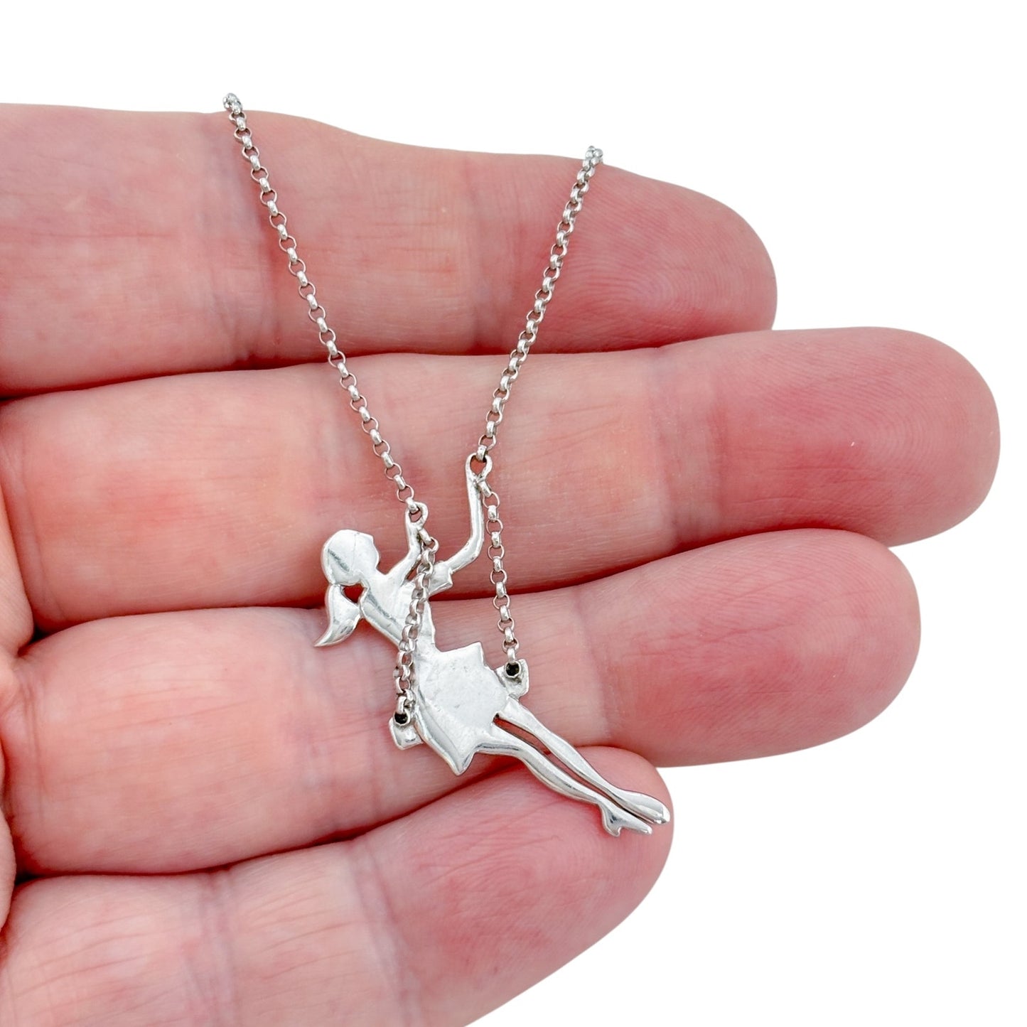 Vintage Sterling Silver 925 Swinging Girl Pendant Necklace 16.5"