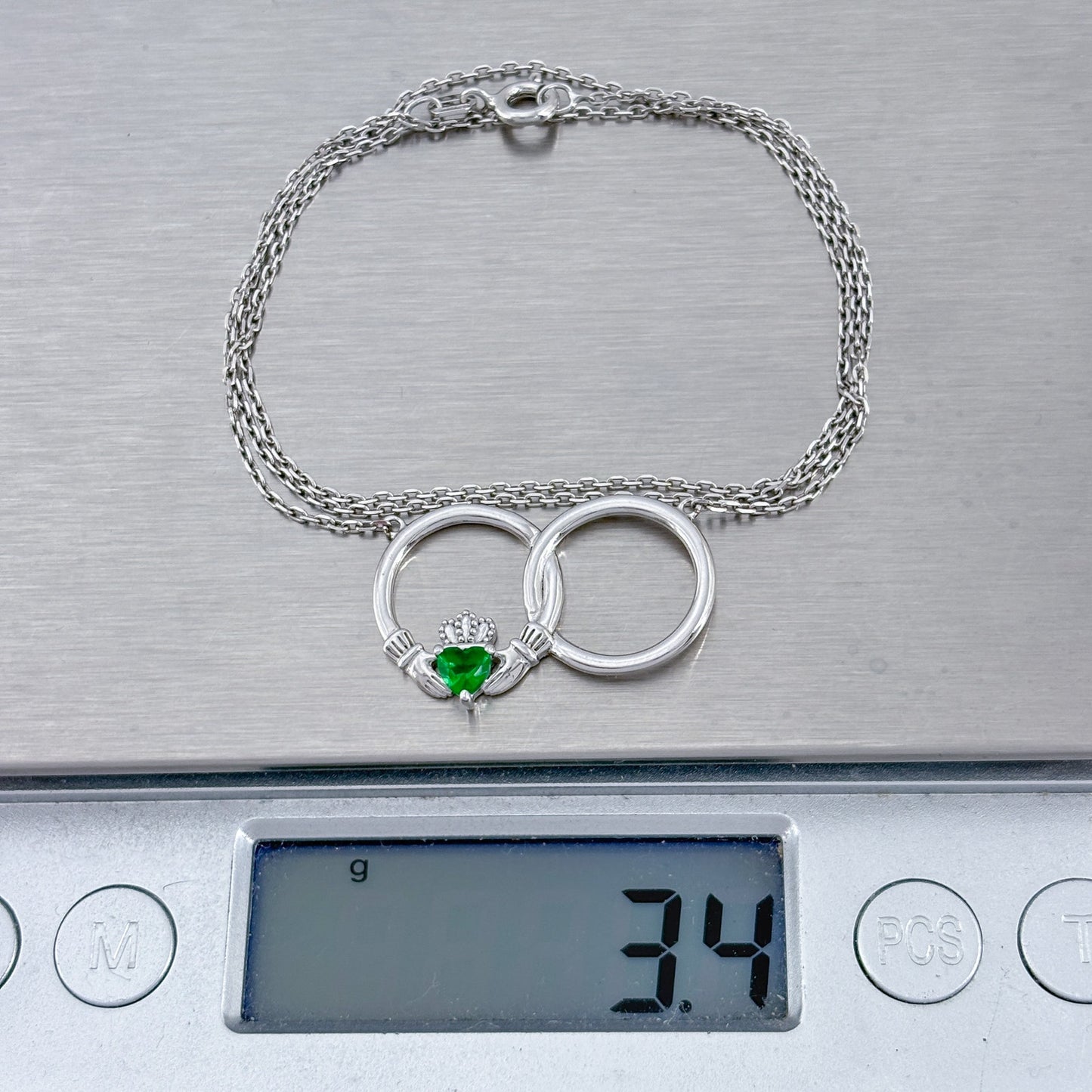 Vintage Sterling Silver 925 Claddagh Lab-Created Emerald Necklace 18"