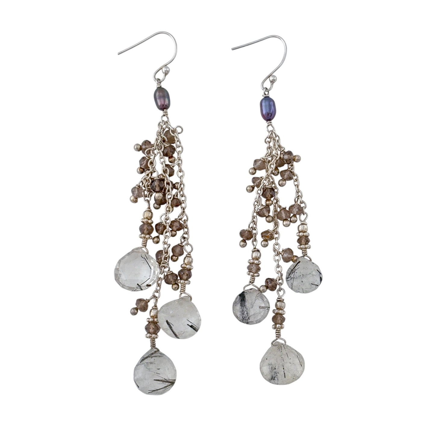 Vintage Sterling Silver 925 Rutilated Smoky Quartz Pearl Dangle Earrings