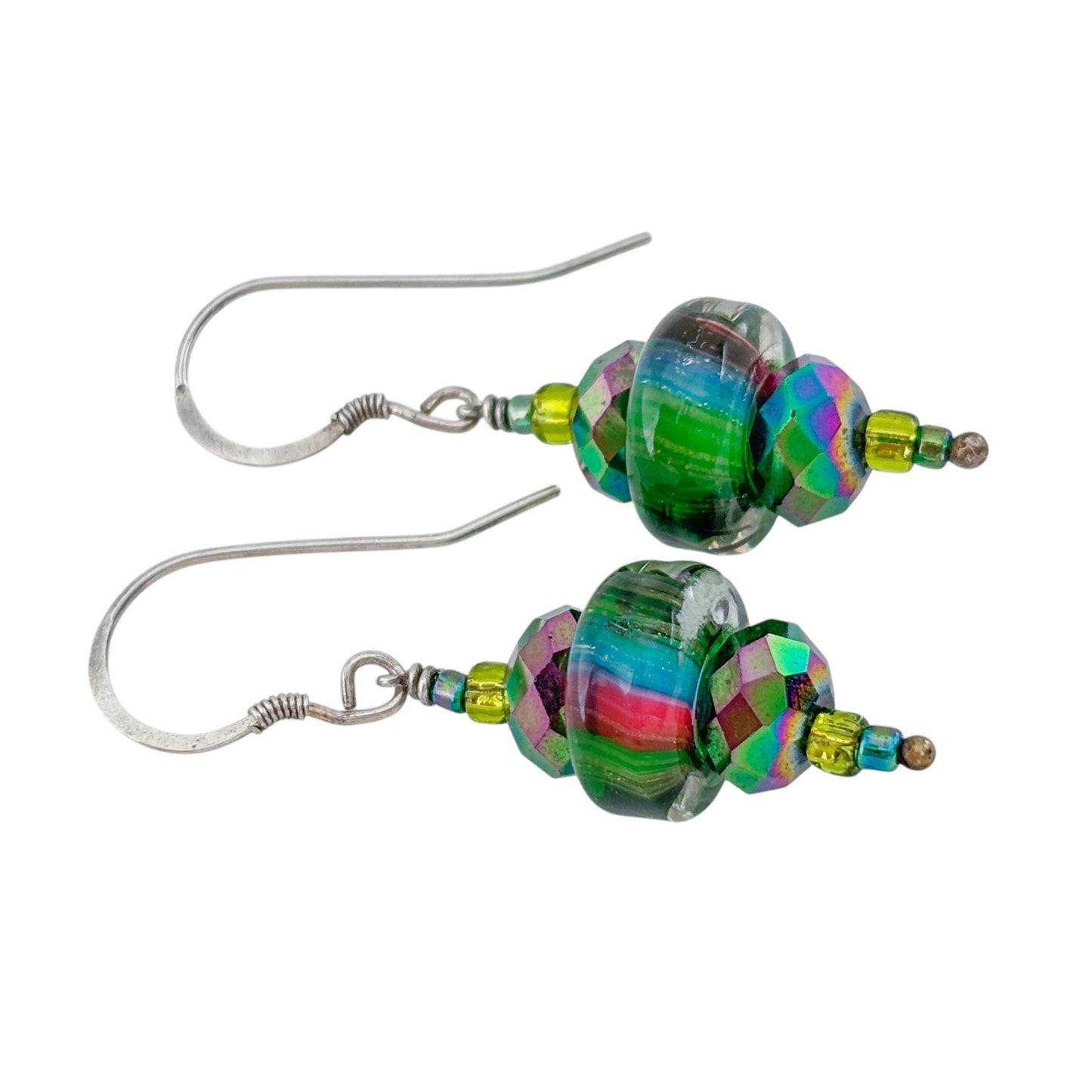 Vintage Sterling Silver 925 Green Rainbow Glass Bead Dangle Earrings