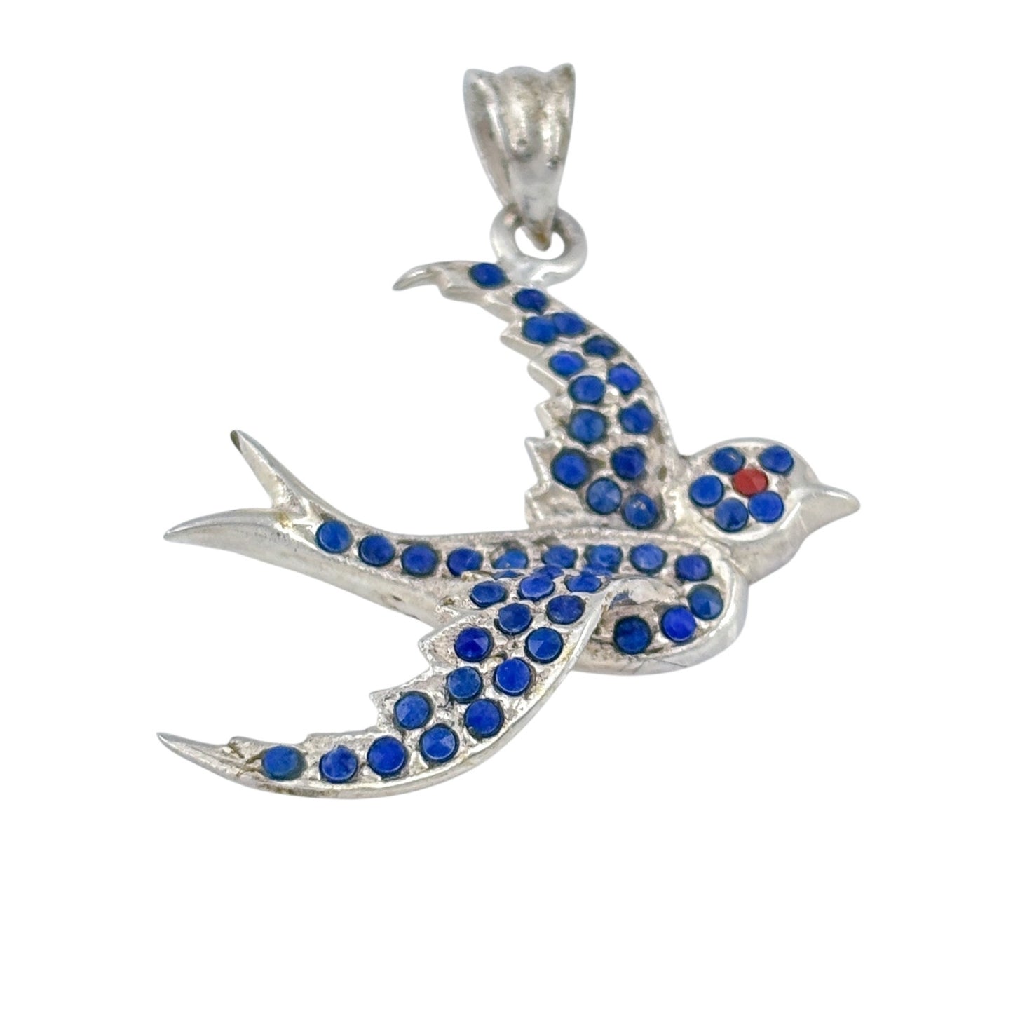 Vintage Sterling Silver 925 Blue Crystal Swallow Bird Pendant