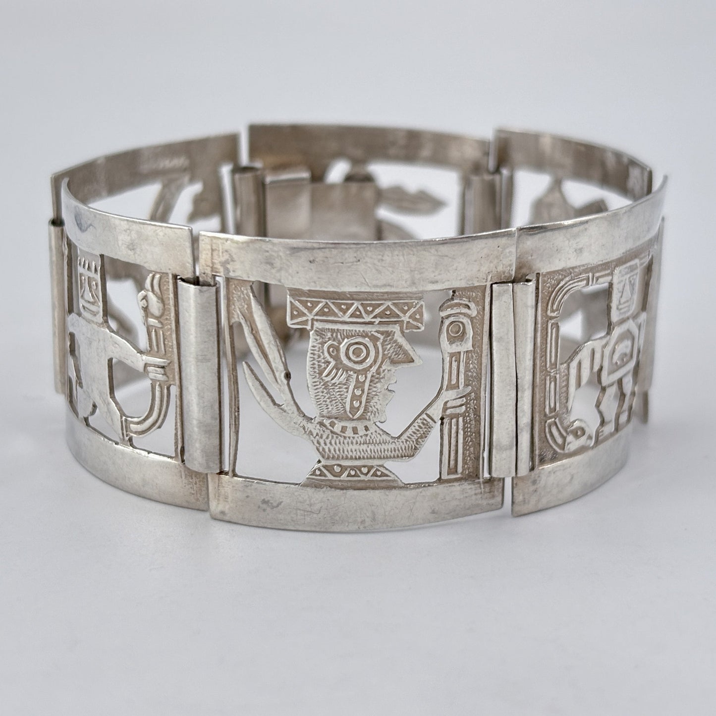 Vintage Sterling Silver 925 Peruvian Storyteller Panel Link Bracelet 7"