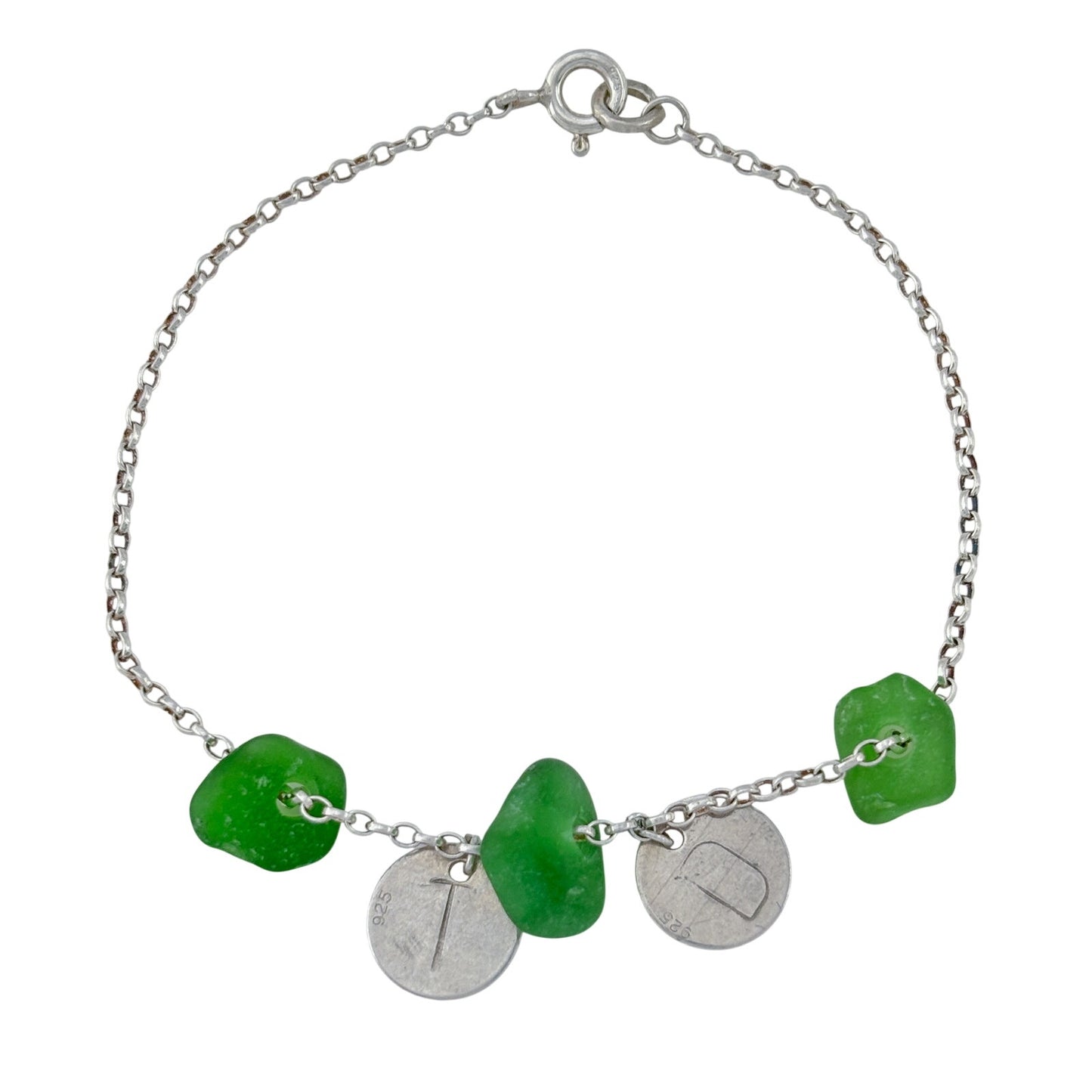 Vintage Sterling Silver 925 Sea Glass Initial DT or TD Bracelet 7"