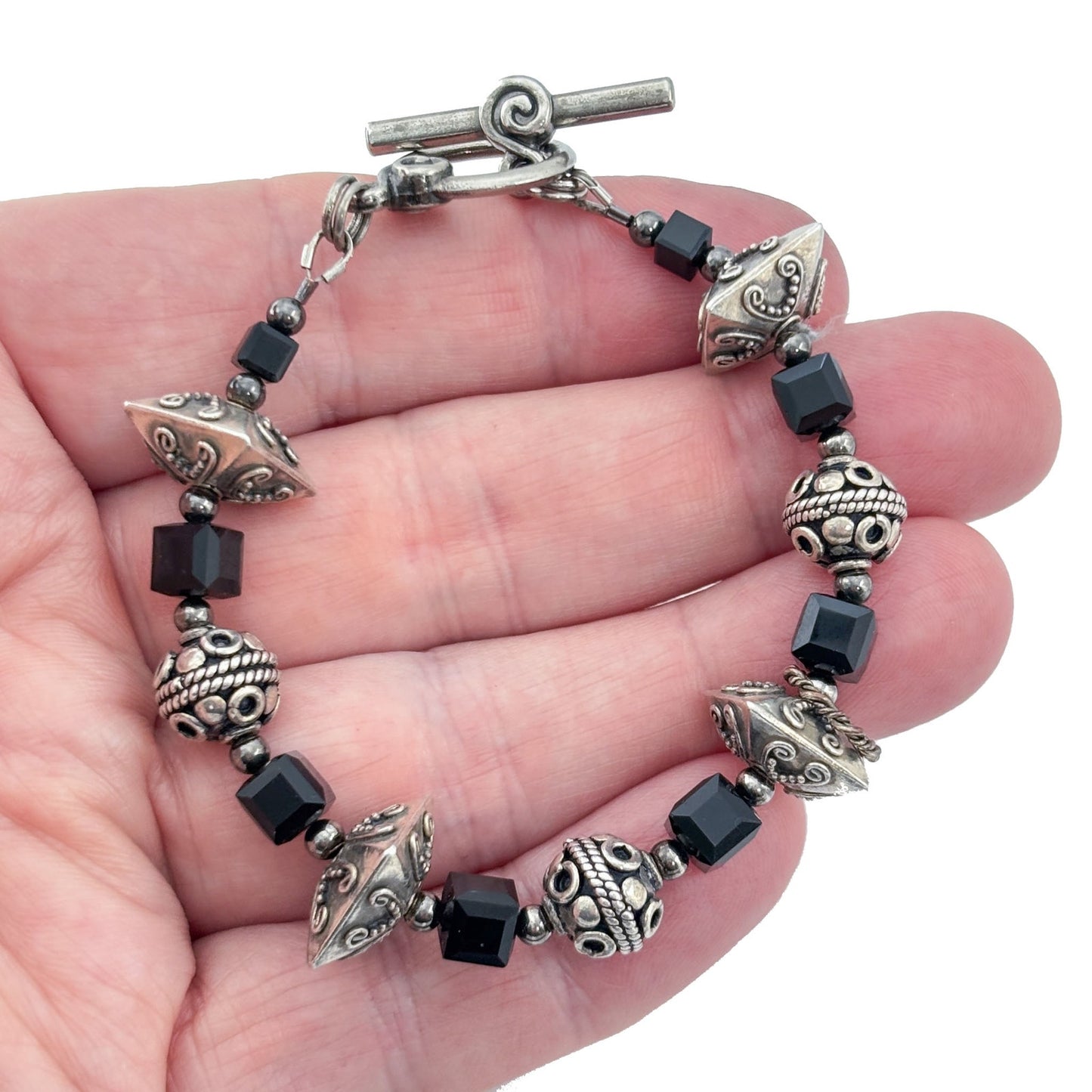 Vintage Sterling Silver 925 Black Bead Bracelet 7"