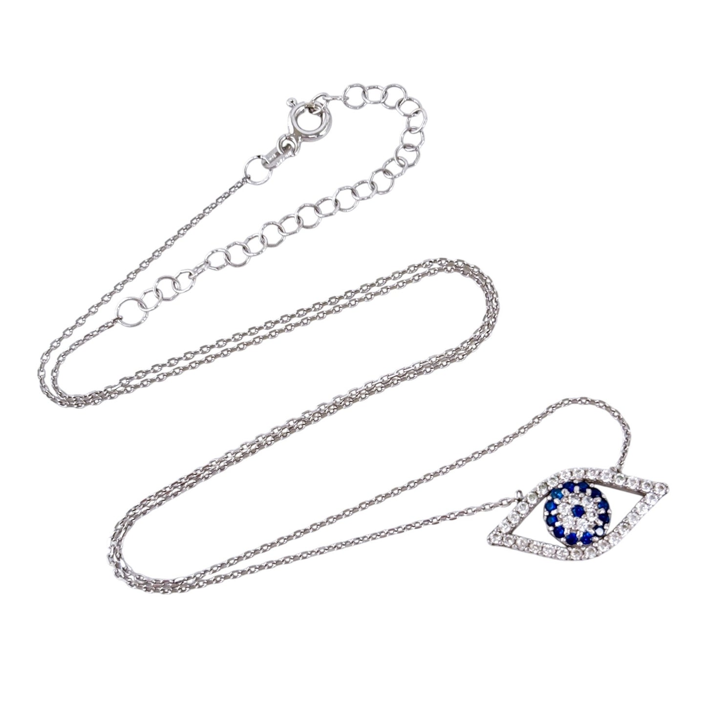 Vintage Sterling Silver 925 White Blue Crystal Evil Eye Necklace | 16"-18"