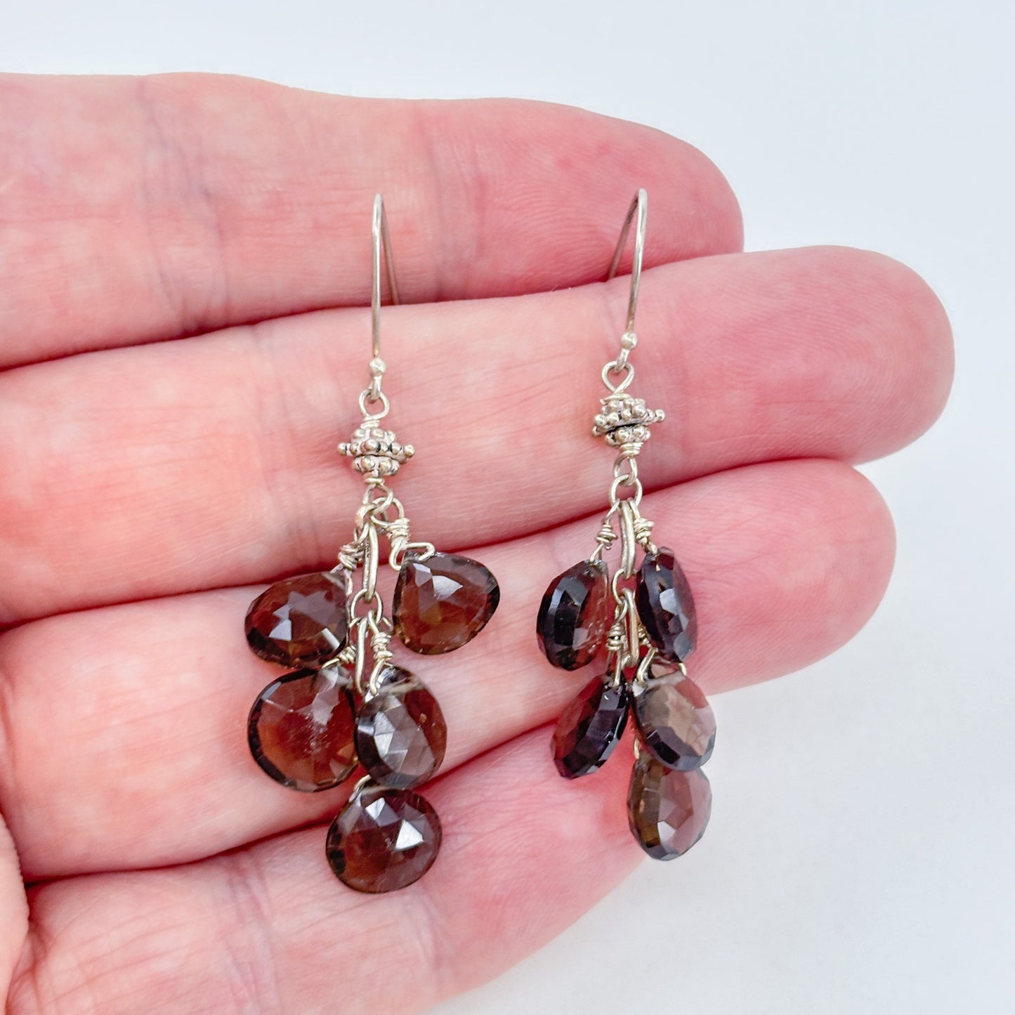 Vintage Sterling Silver 925 Brown Gray Glass Cluster Drop Earrings