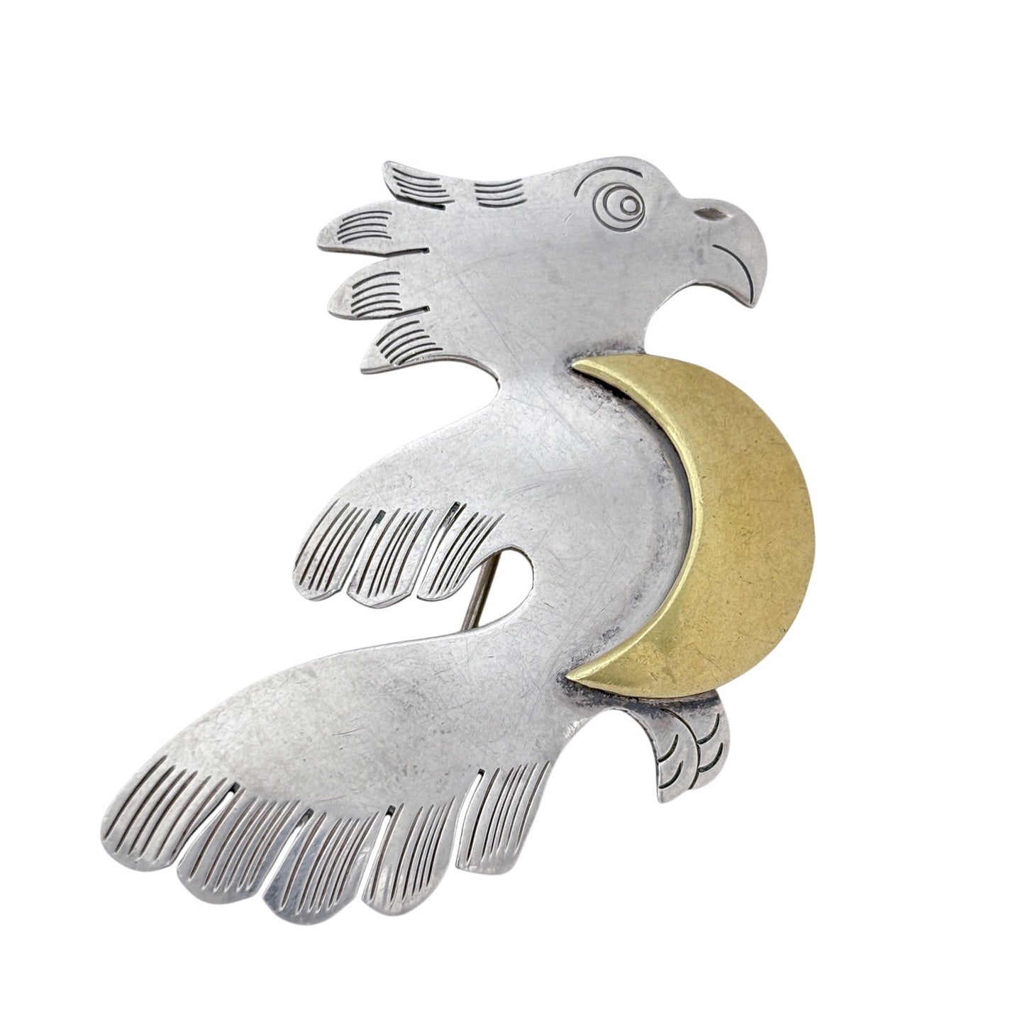 Vintage Sterling Silver 925 Bird Brass Moon Brooch
