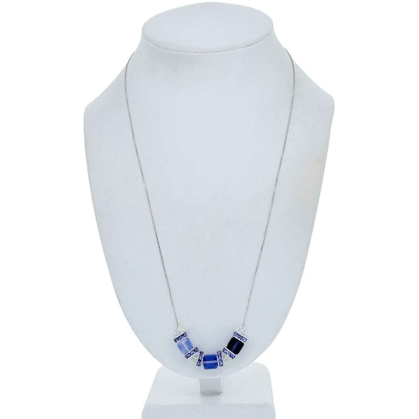 Vintage Italy Sterling Silver 925 Blue Crystal Cube Bead Necklace 22"