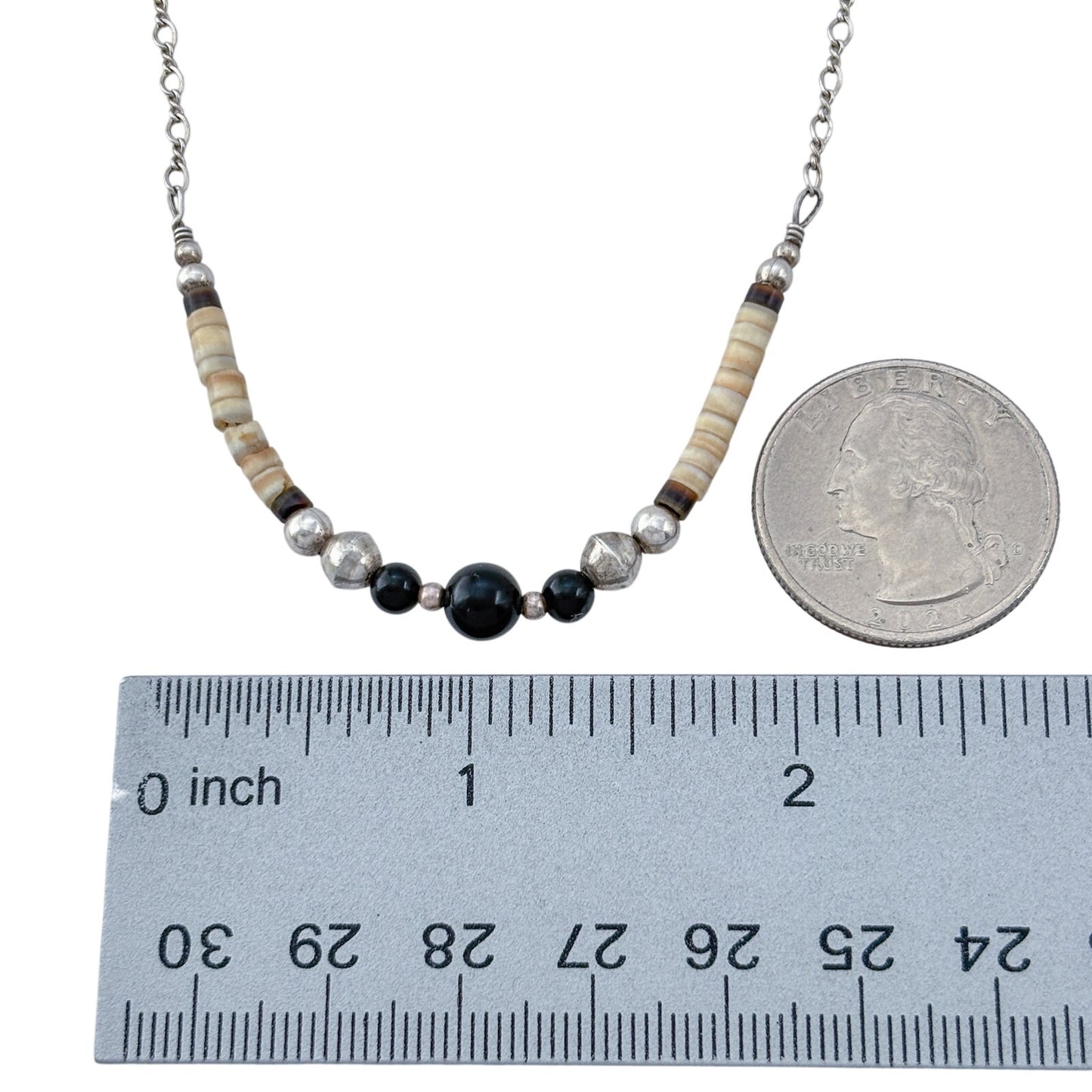 Vintage Sterling Silver 925 Onyx Shell Beaded Heishi Necklace 15.5"