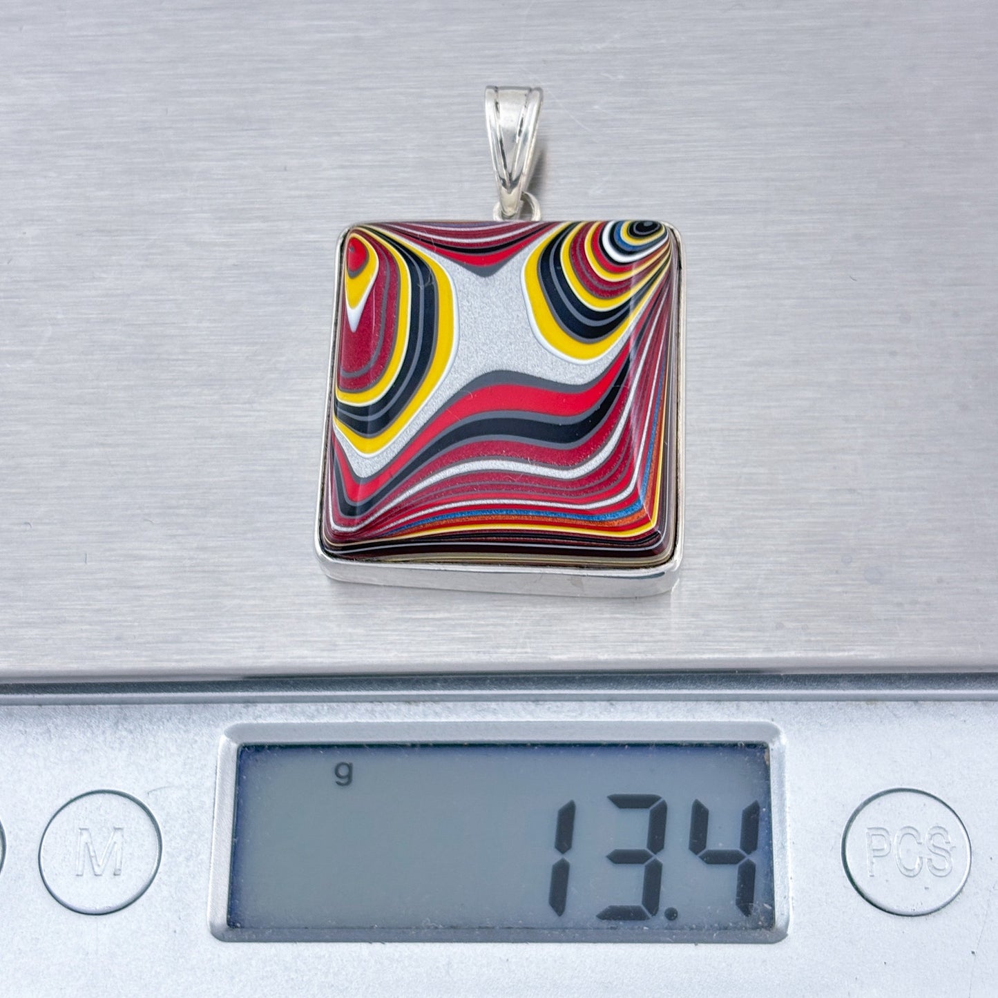 Vintage Sterling Silver 925 Yellow Red Glass Swirl Pendant