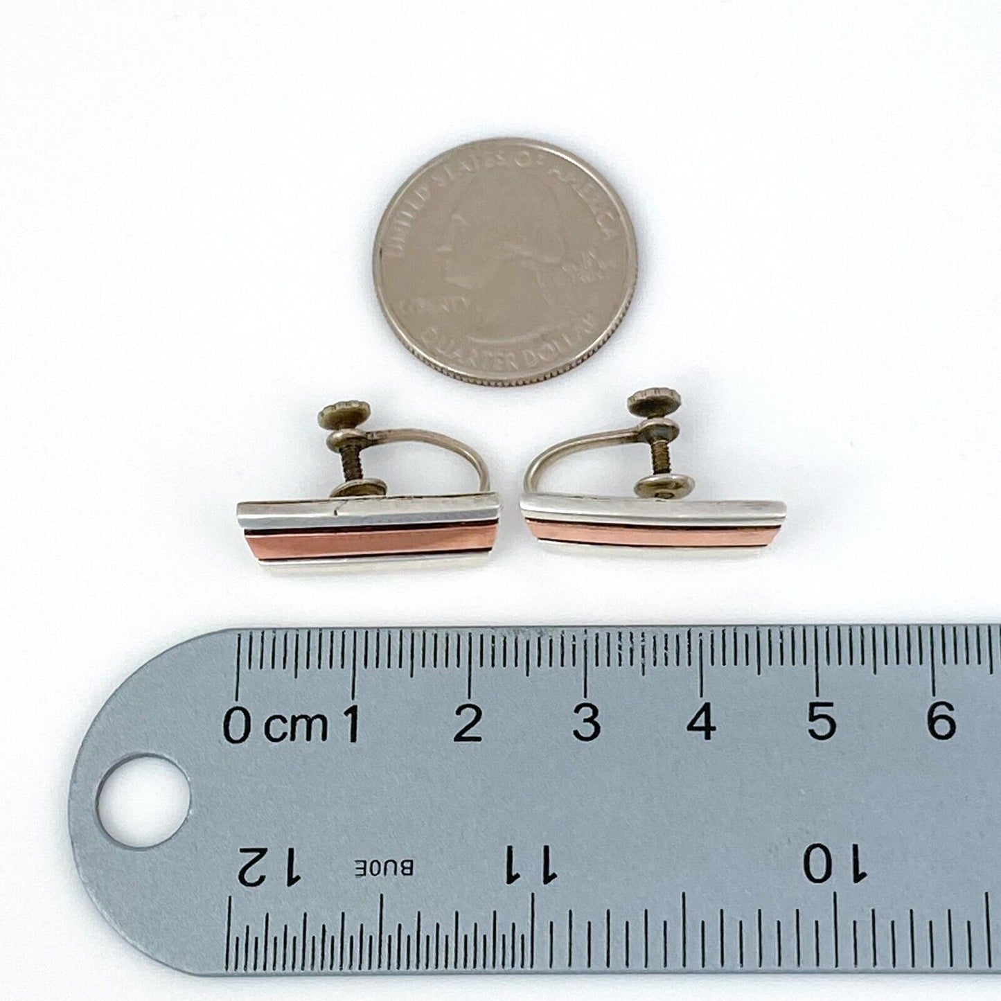 Vintage Sterling Silver 925 Copper Tri Panel Screw Back Earrings