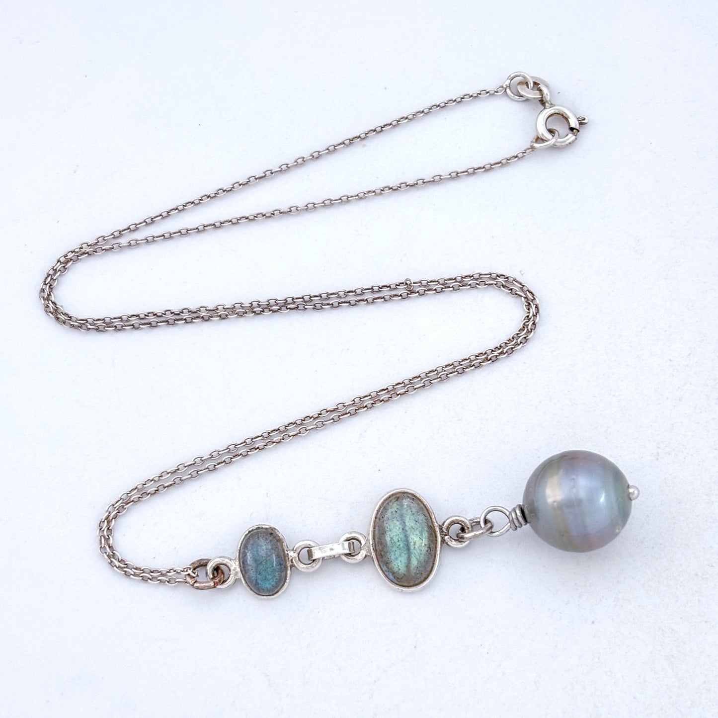 Vintage Sterling Silver 925 Labradorite Pearl Pendant Necklace 18"