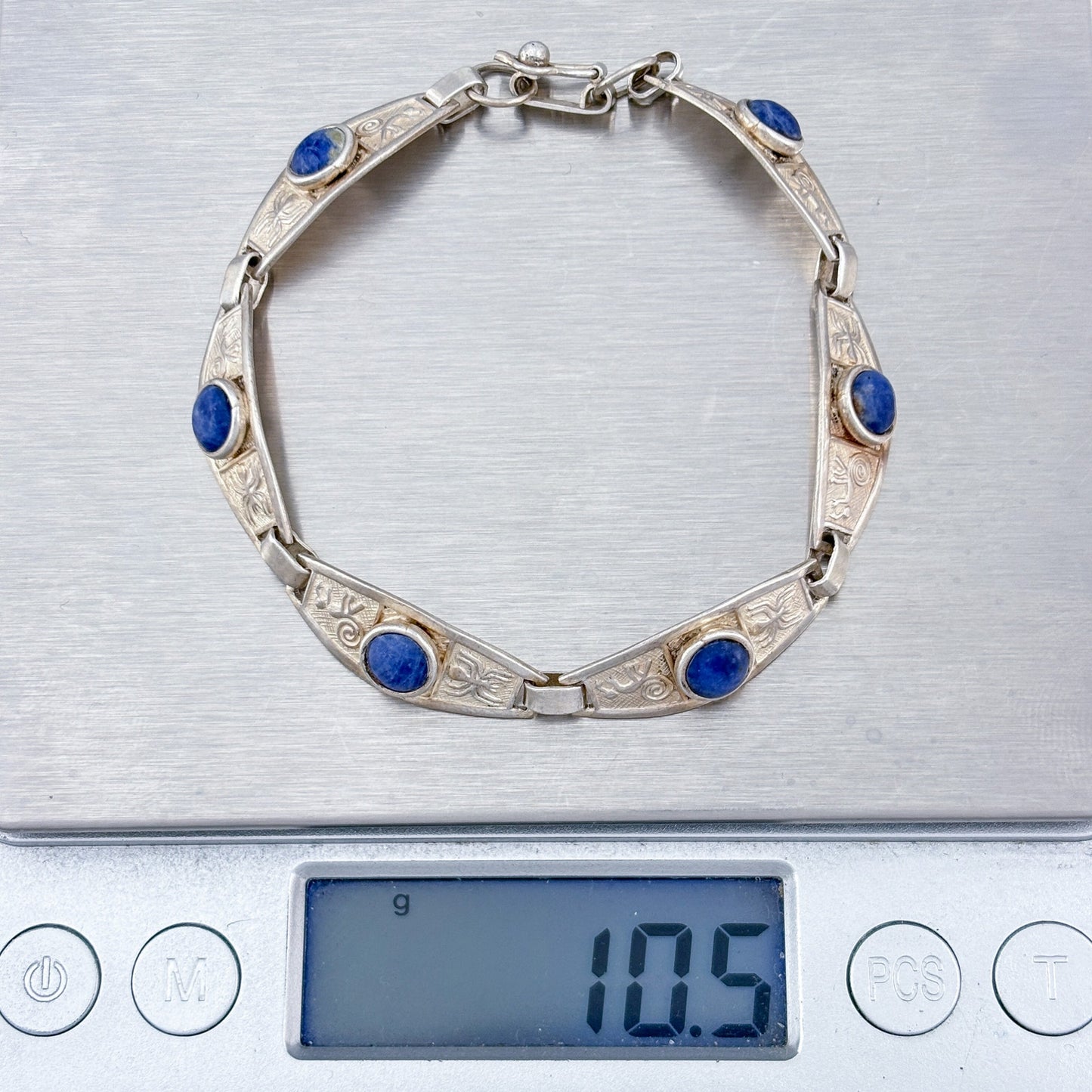 Vintage Sterling Silver 950 Lapis Lazuli Link Bracelet 7"