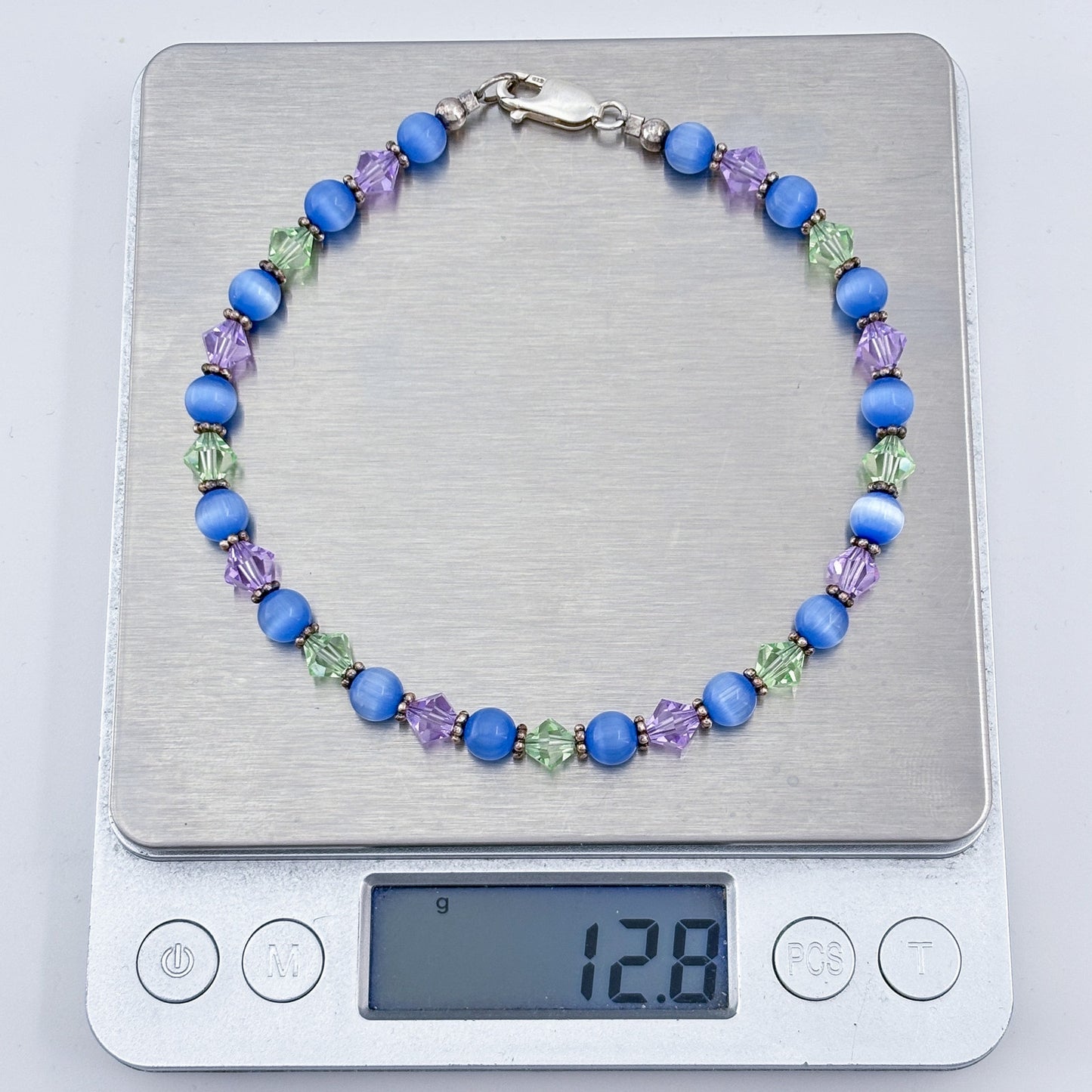 Vintage Sterling Silver 925 Blue Purple Green Crystal Anklet 9.5"