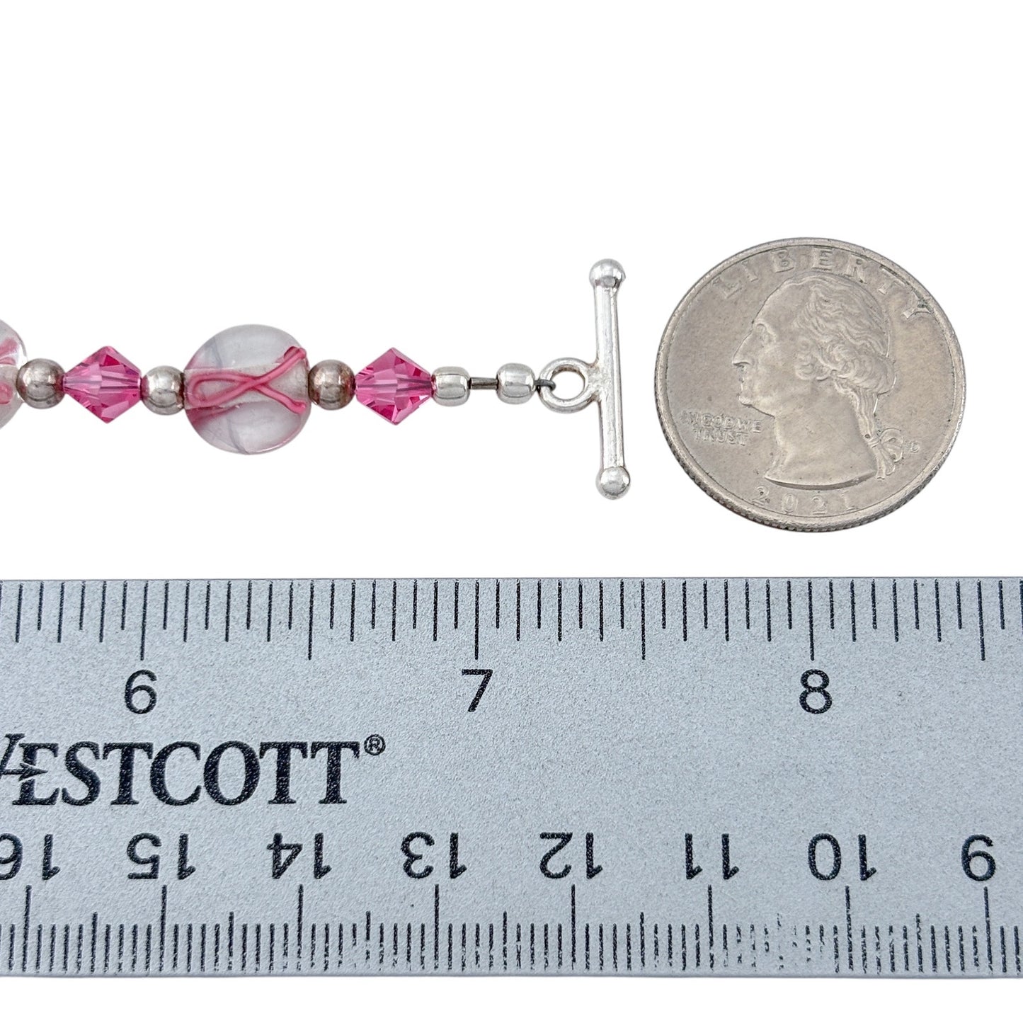Vintage Sterling Silver 925 Lampwork Glass Pink Ribbon Awareness Bracelet 7.5"
