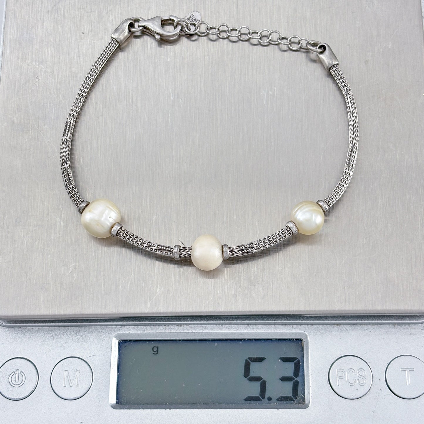 Vintage Sterling Silver 925 Pearl Mesh Chain Bracelet 6.5"-7.5"