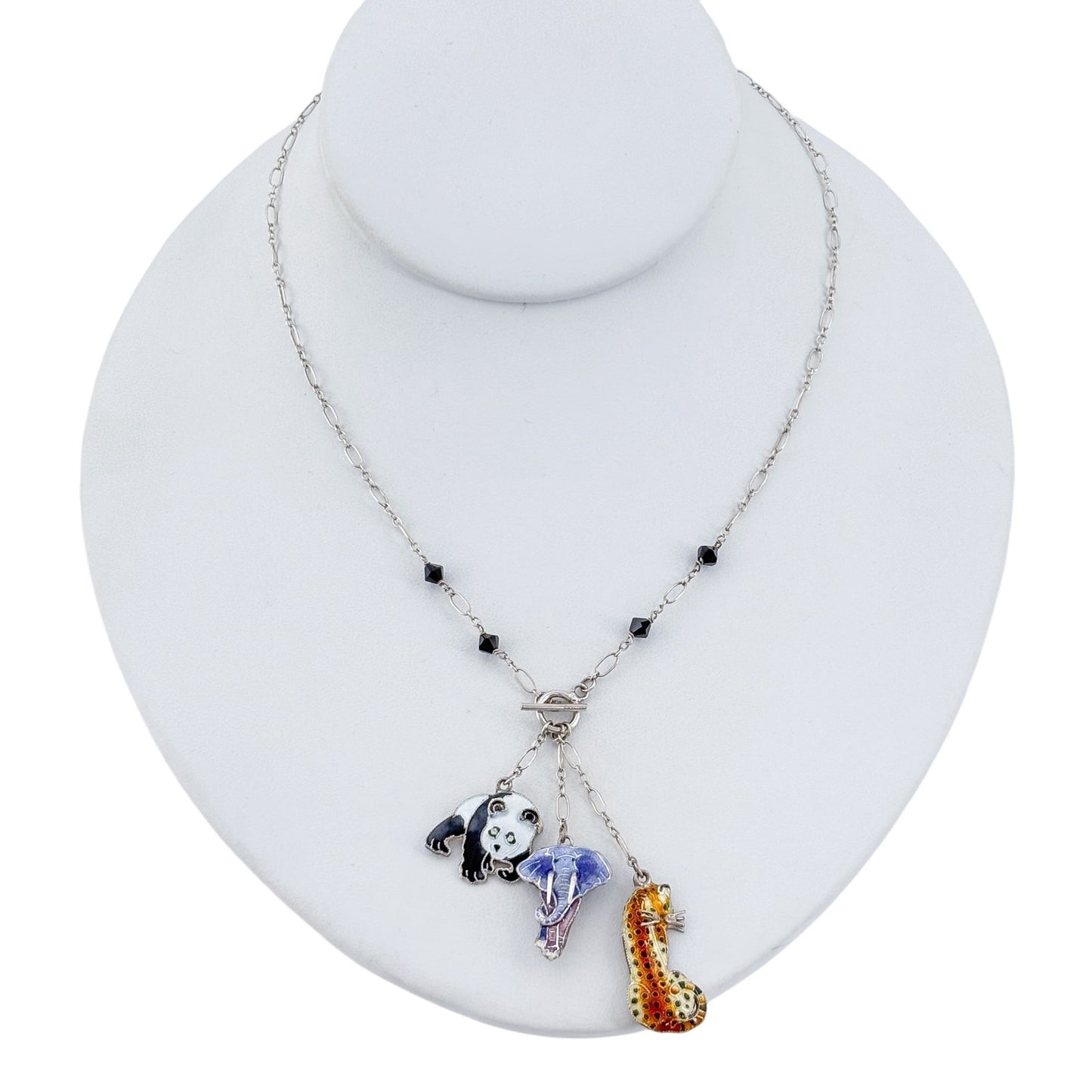 Vintage Sterling Silver 925 Zoo Panda Elephant Leopard Necklace 16"