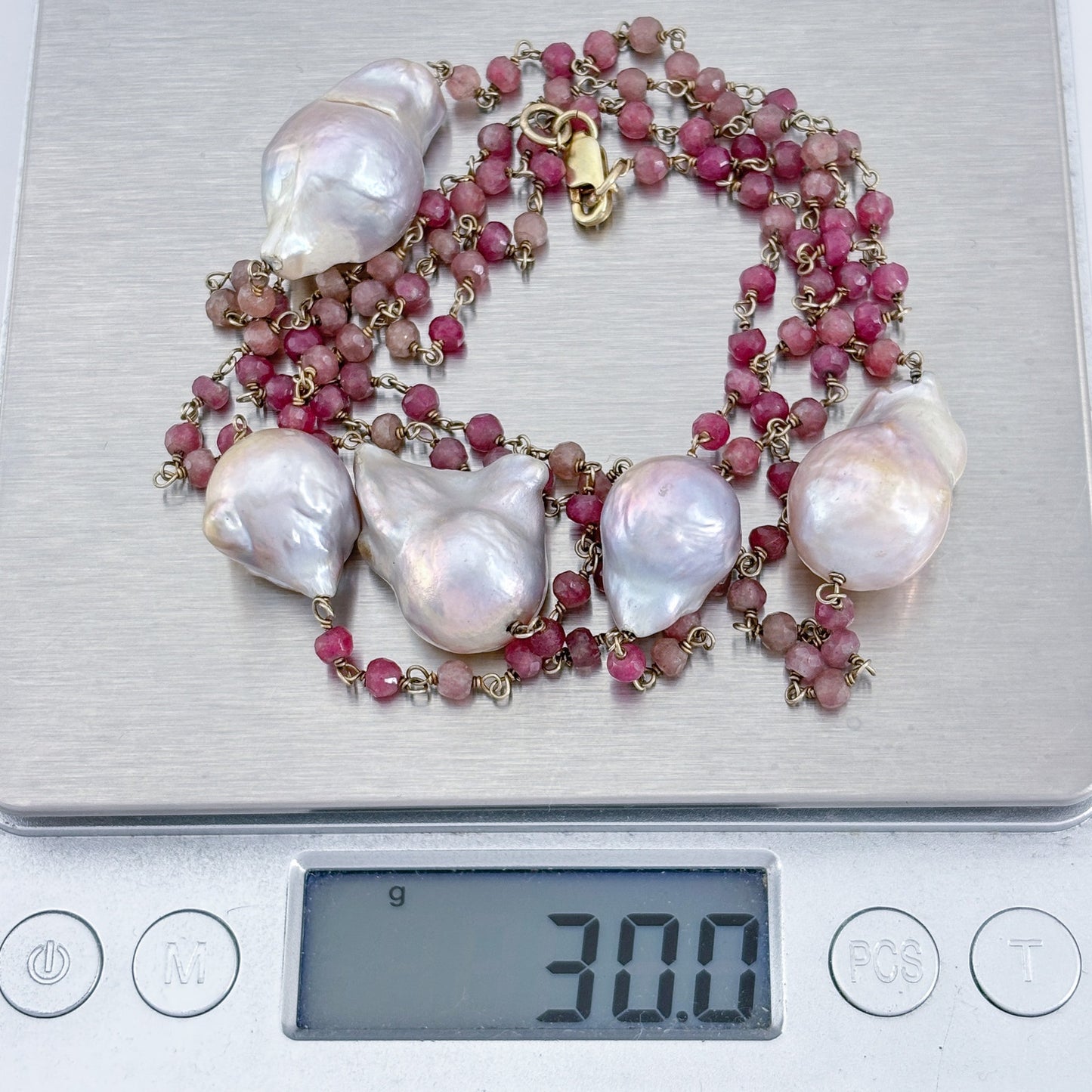 Vintage Sterling Silver 925 Tourmaline Baroque Imitation Pearl Necklace 37"
