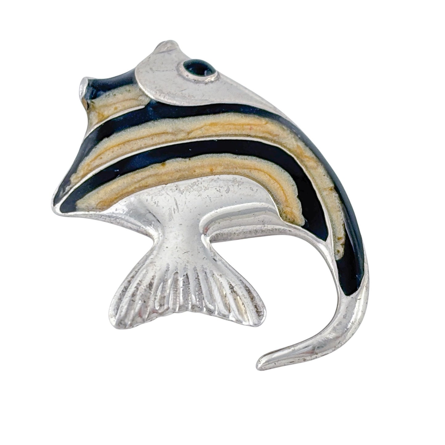 Vintage Sterling Silver 925 Enamel Fish Onyx Eye Brooch