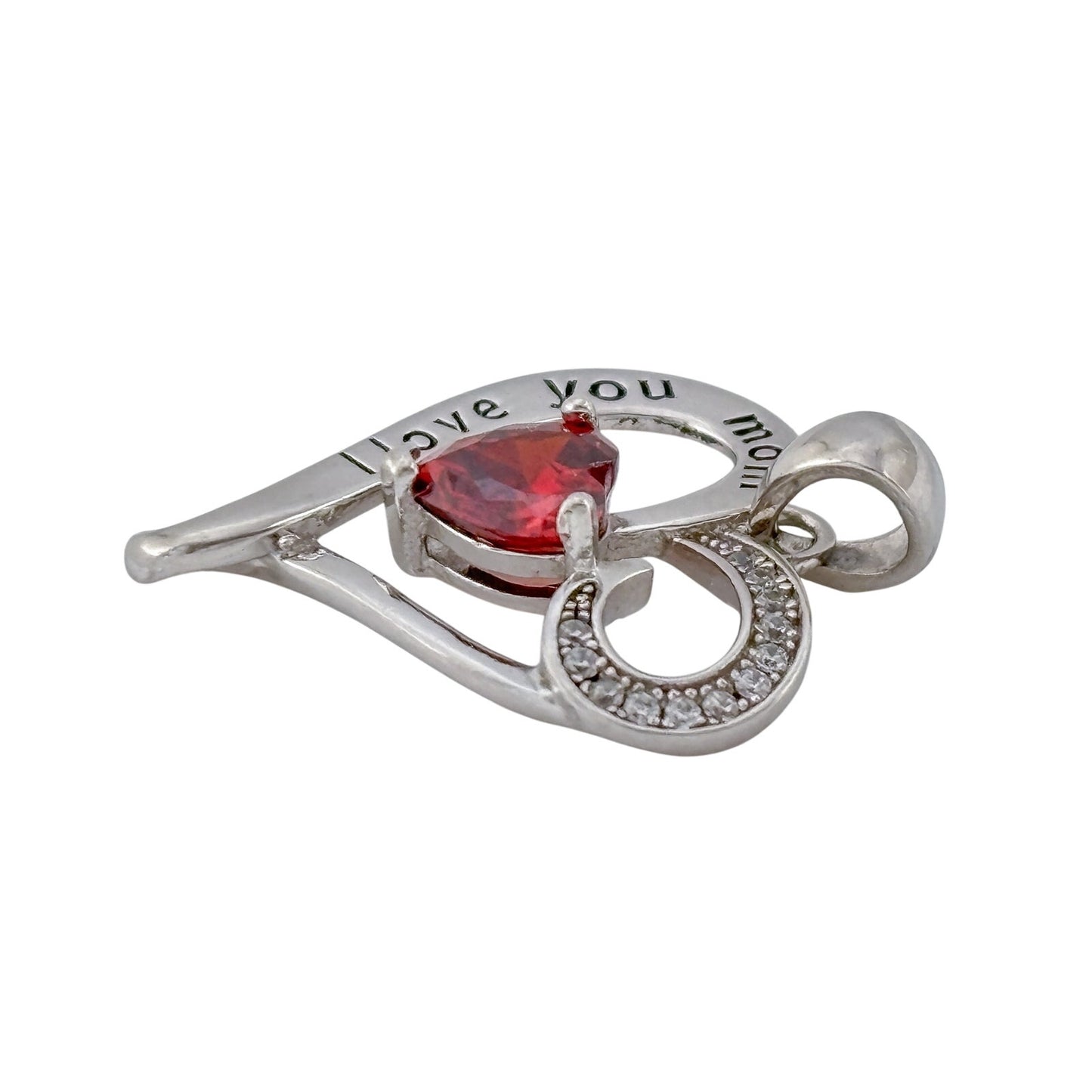 Vintage Sterling Silver 925 Simulated Ruby Mom Heart Pendant